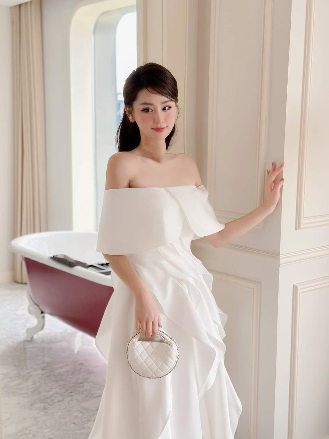 Đầm dự tiệc dáng xòe hở vai ngang phối bèo sang trọng Alvin Store 2942 (Đen)