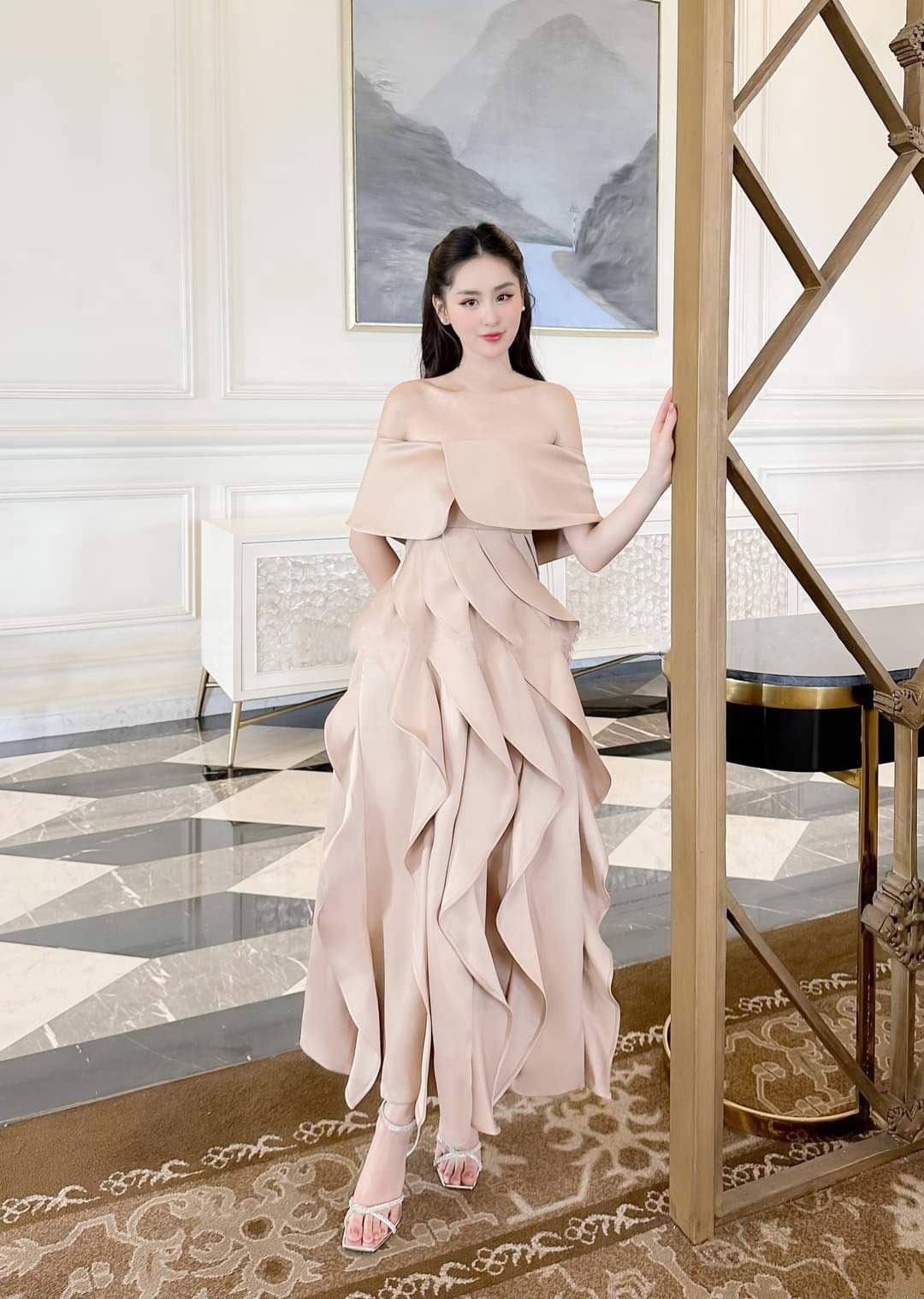 Đầm dự tiệc dáng xòe hở vai ngang phối bèo sang trọng Alvin Store 2942 (Đen)