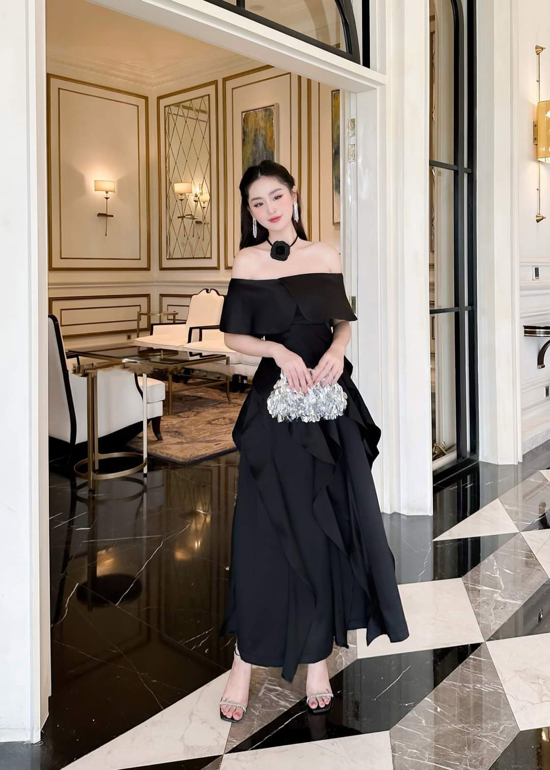 Đầm dự tiệc dáng xòe hở vai ngang phối bèo sang trọng Alvin Store 2942 (Đỏ)