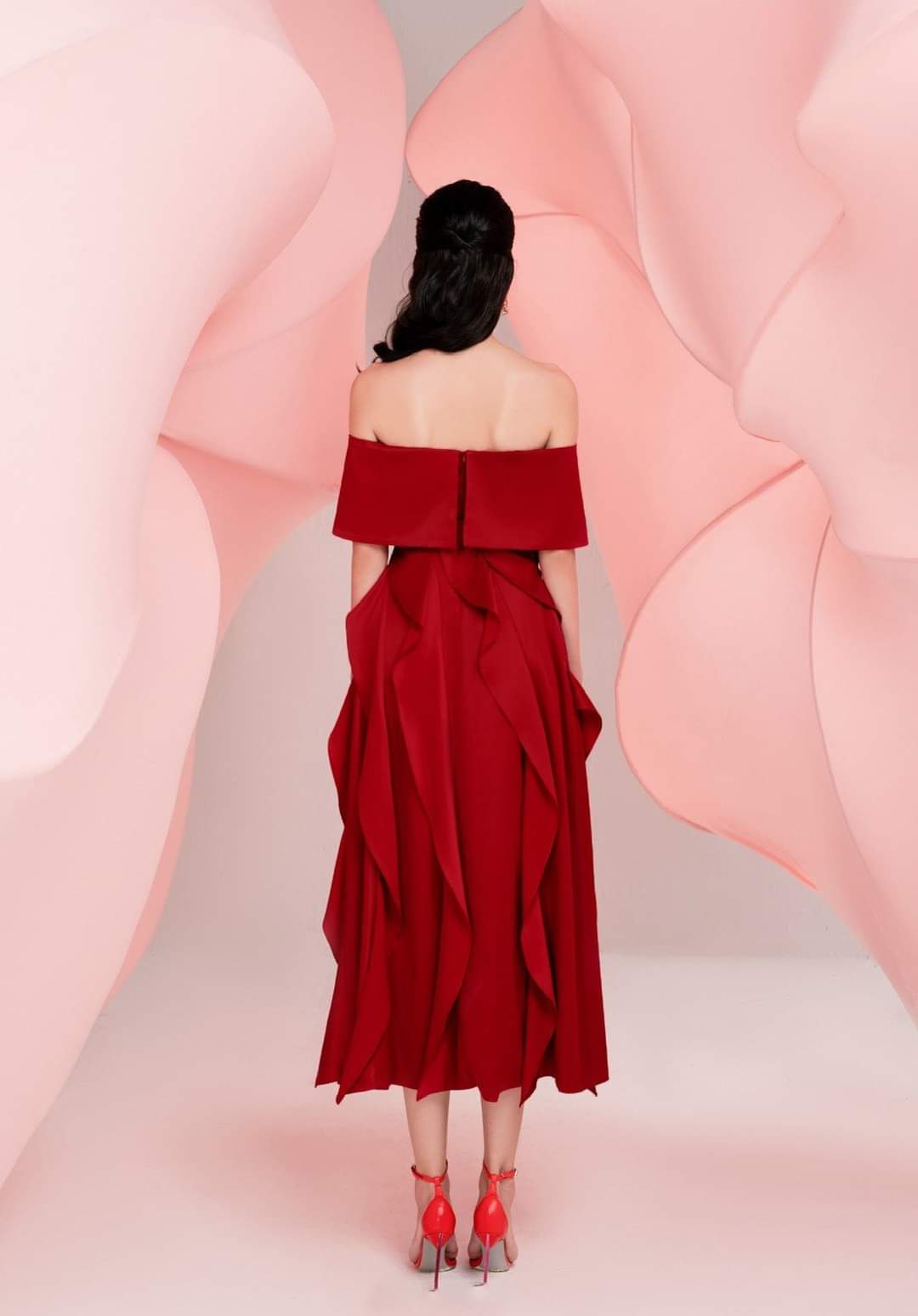 Đầm dự tiệc dáng xòe hở vai ngang phối bèo sang trọng Alvin Store 2942 (Đỏ)