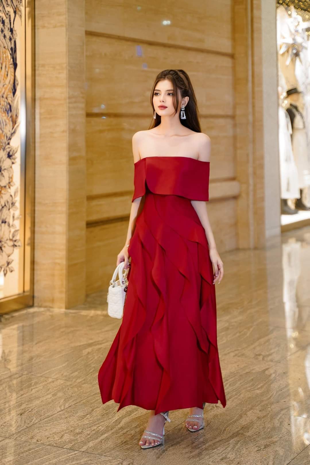 Đầm dự tiệc dáng xòe hở vai ngang phối bèo sang trọng Alvin Store 2942 (Đen)