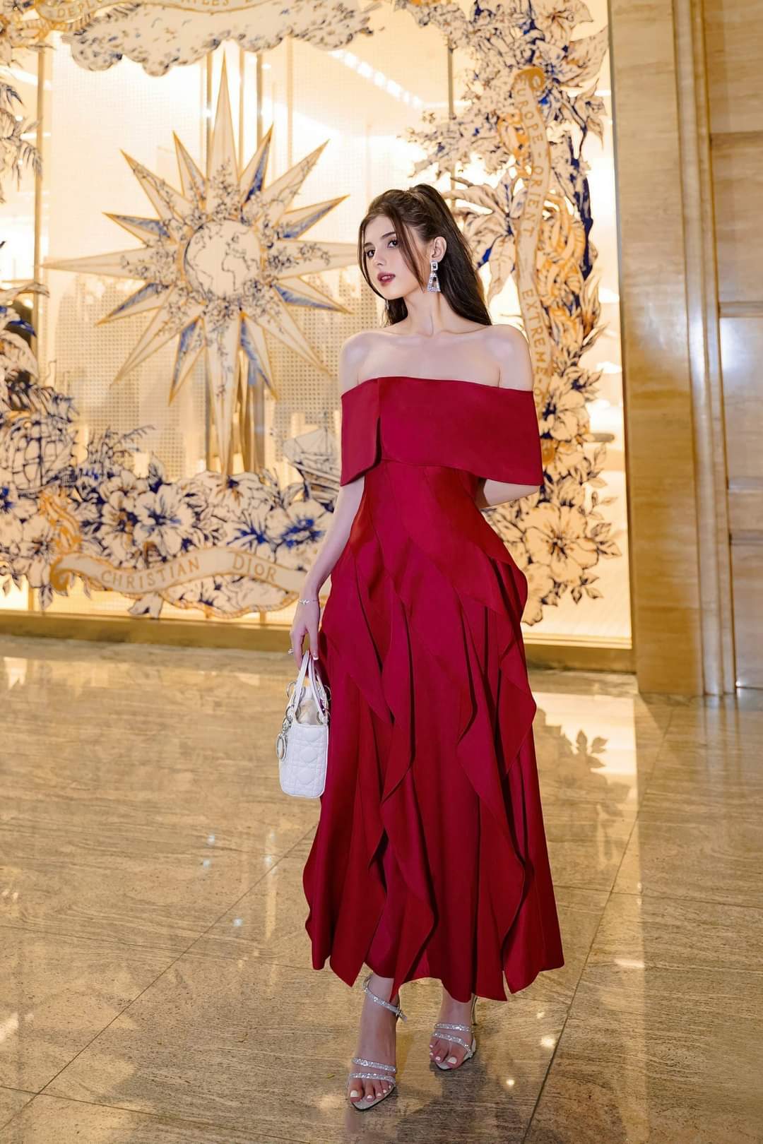 Đầm dự tiệc dáng xòe hở vai ngang phối bèo sang trọng Alvin Store 2942 (Trắng)