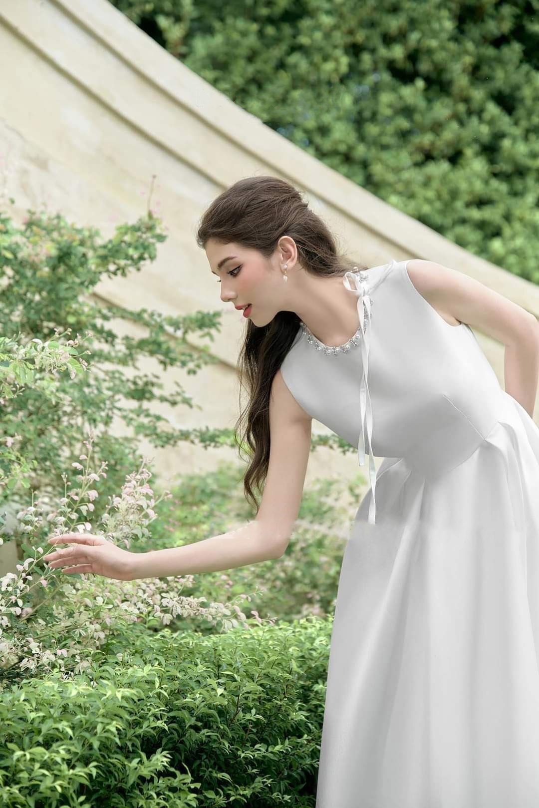 Đầm dự tiệc dáng xòe dài sát nách phối dây ngọc sang trọng Alvin Store 2943