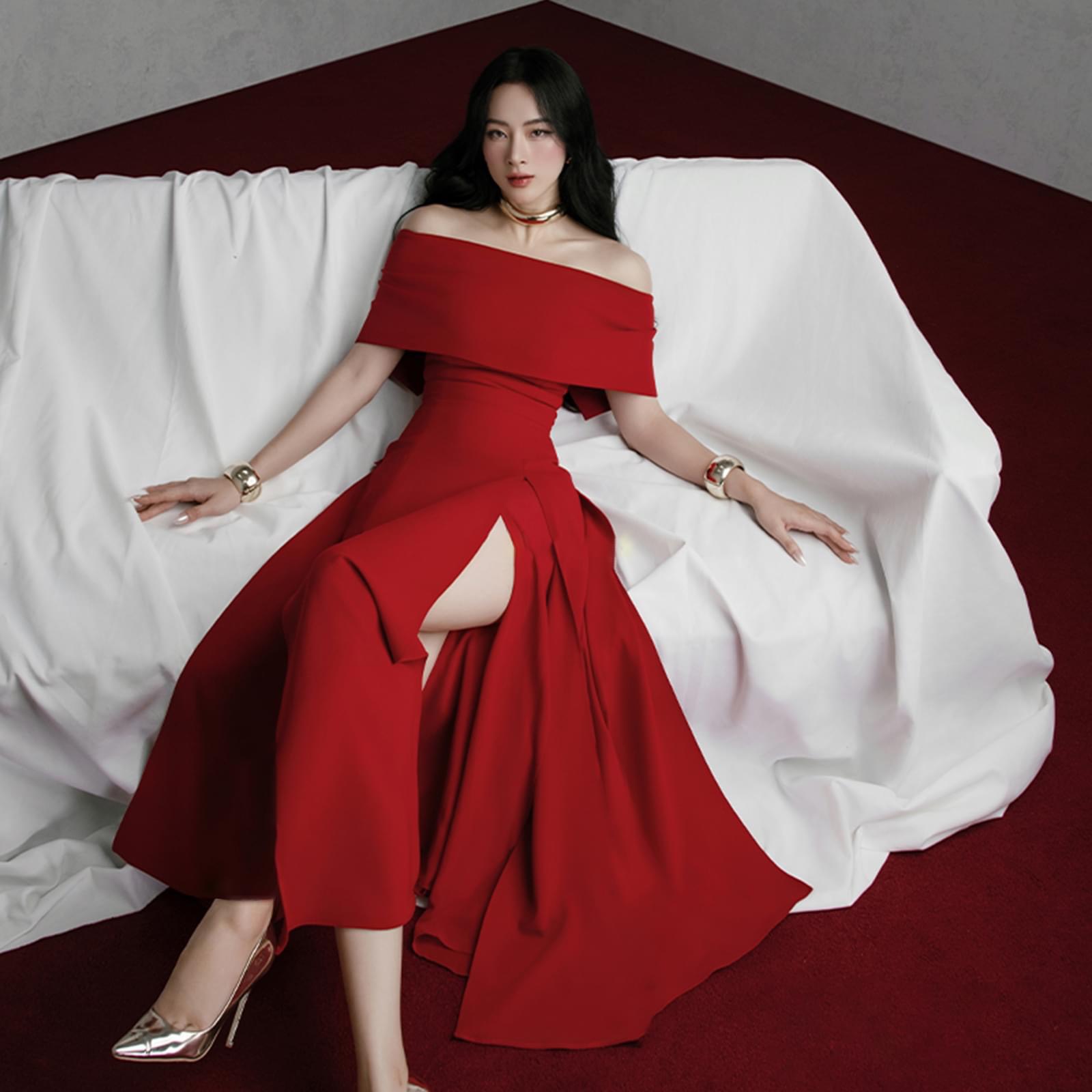 Đầm dự tiệc dáng dài xẻ tà hở vai ngang sang trọng Alvin Store 2947