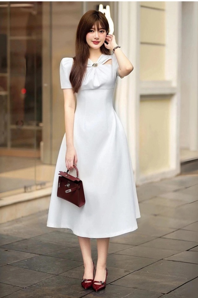 Đầm dự tiệc dáng xoè tay con cut out vai sang trọng Alvin Store 2950 (Trắng)