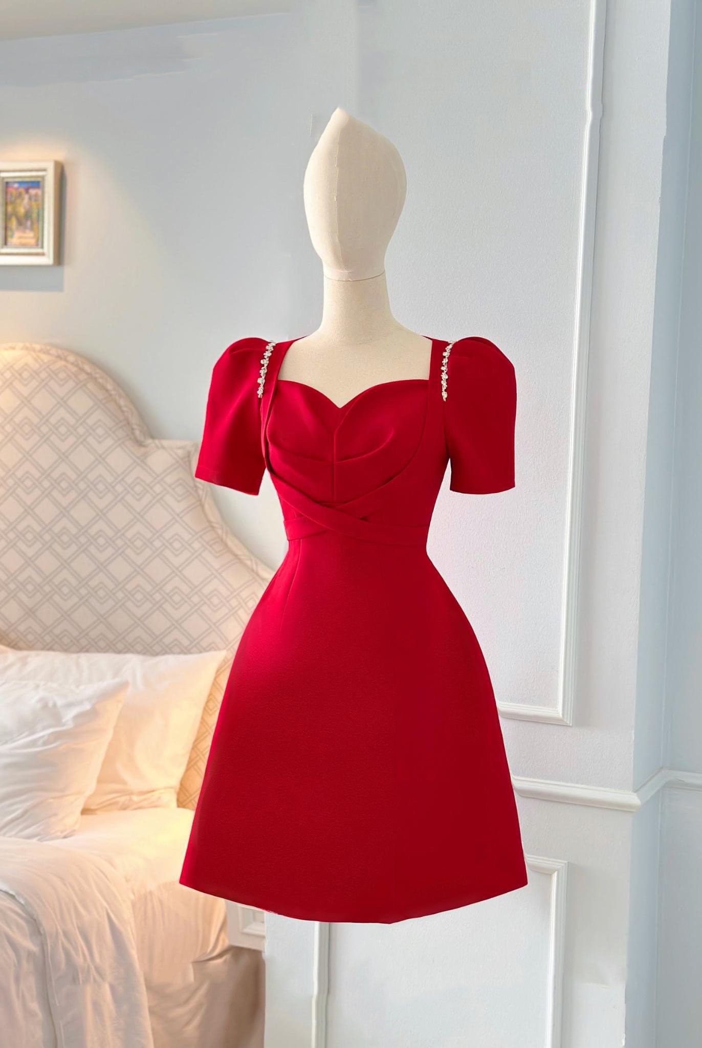 Đầm dáng xoè ngắn phối tay con đính đá sang trọng Alvin Store 2953 (Đen)