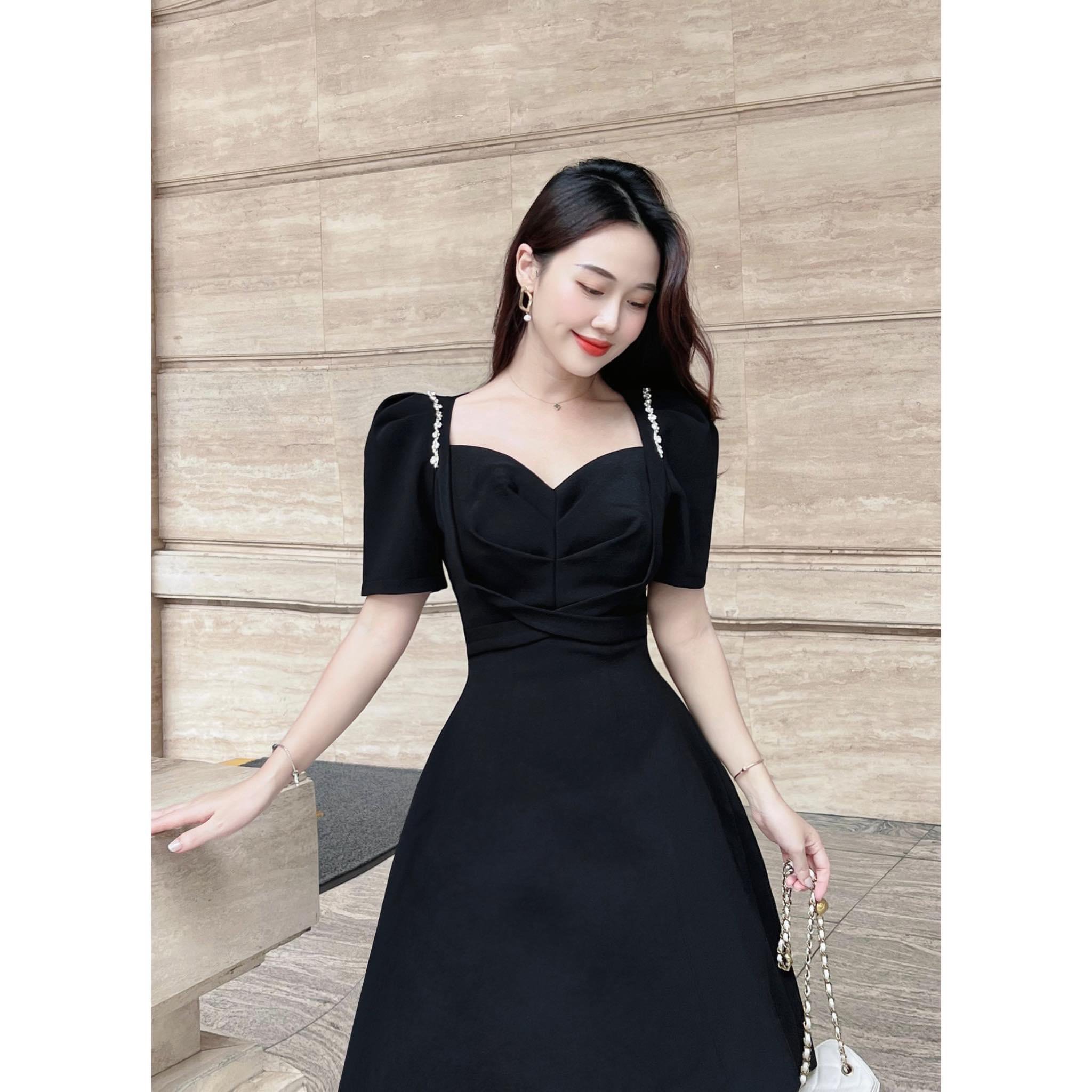 Đầm dáng xoè ngắn phối tay con đính đá sang trọng Alvin Store 2953 (Đen)