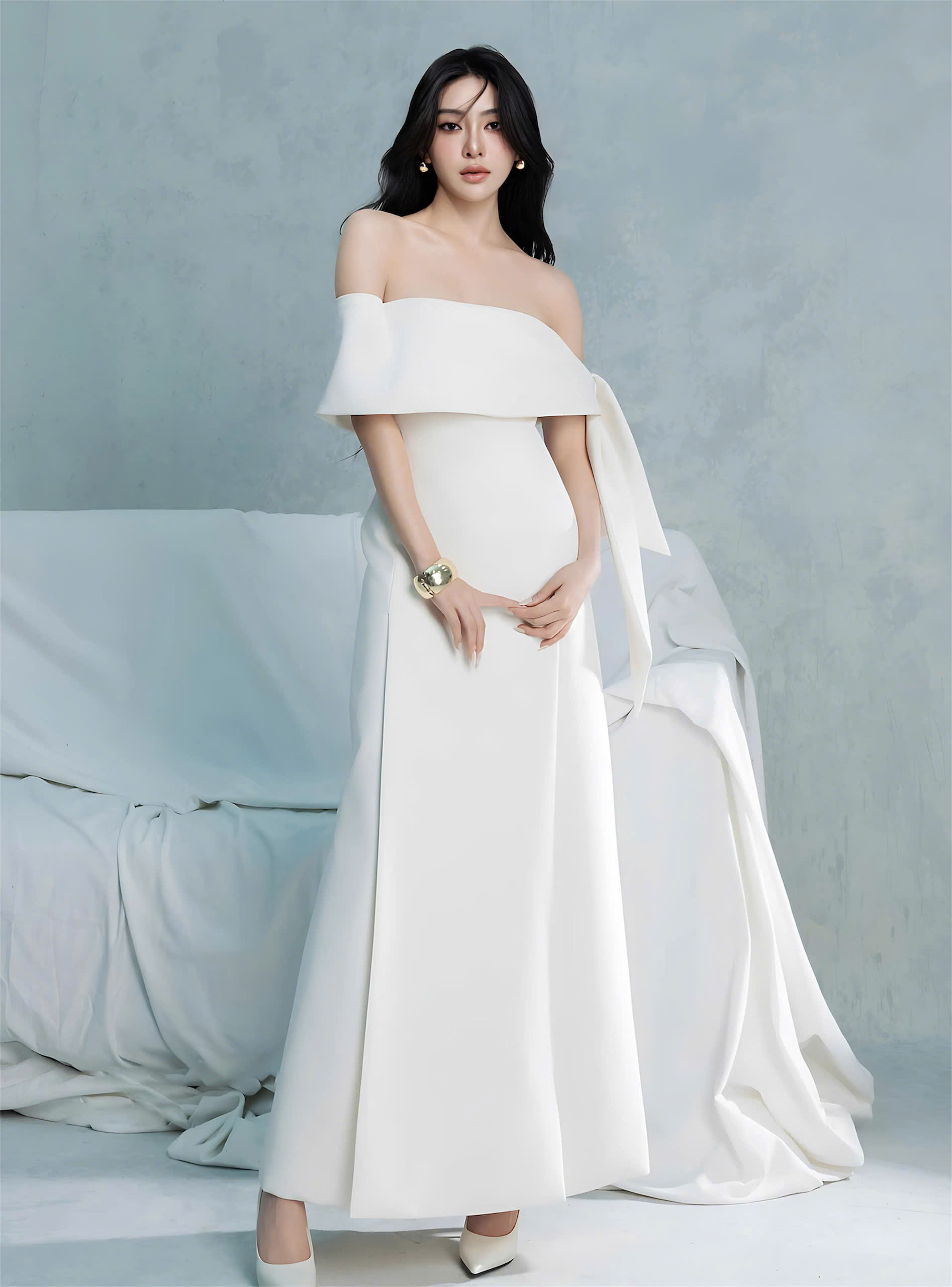 Đầm dự tiệc dáng dài vai ngang cúp ngực cột nơ Alvin Store 2955 (Trắng)