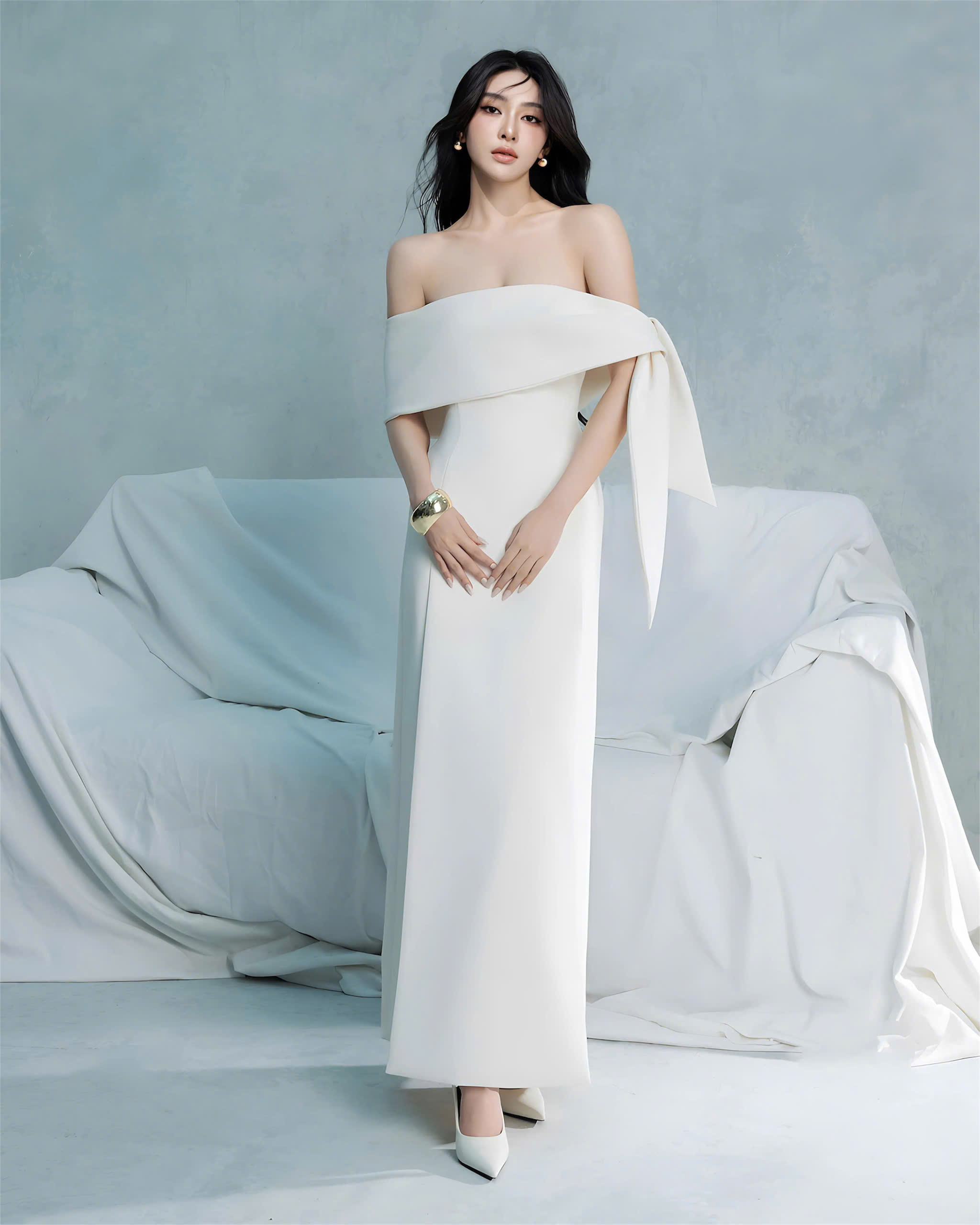 Đầm dự tiệc dáng dài vai ngang cúp ngực cột nơ Alvin Store 2955 (Trắng)