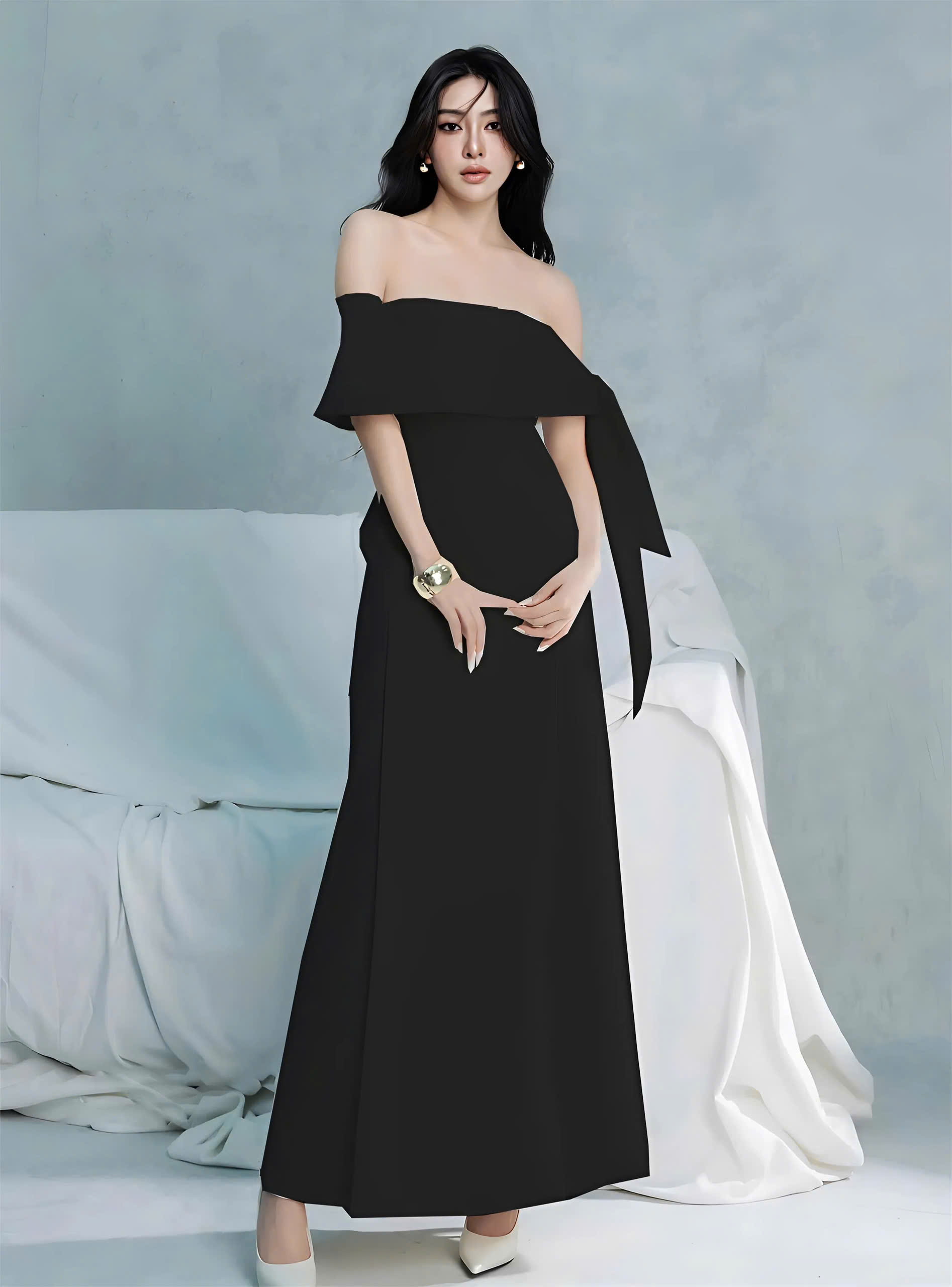 Đầm dự tiệc dáng dài vai ngang cúp ngực cột nơ Alvin Store 2955 (Trắng)