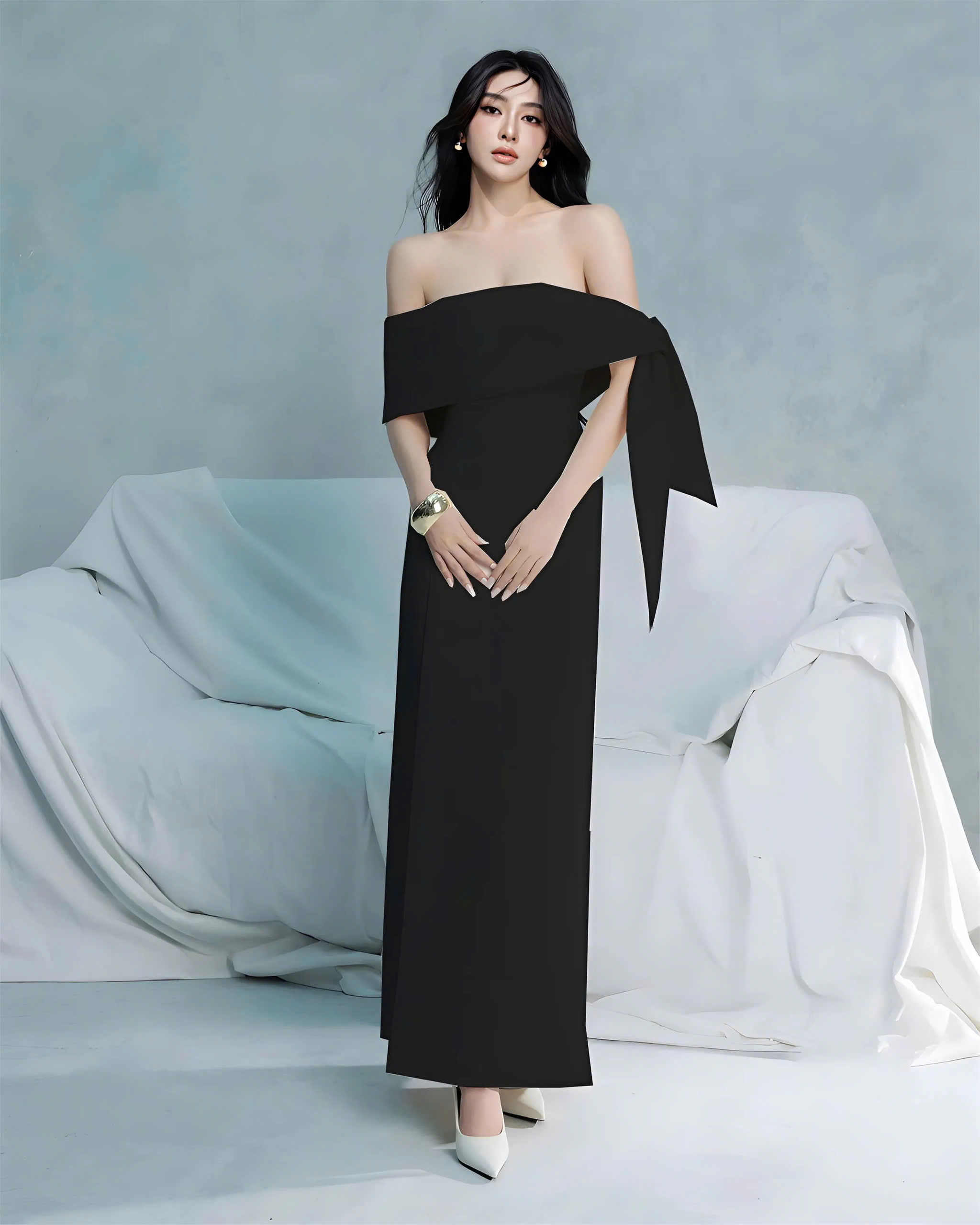 Đầm dự tiệc dáng dài vai ngang cúp ngực cột nơ Alvin Store 2955 (Đen)