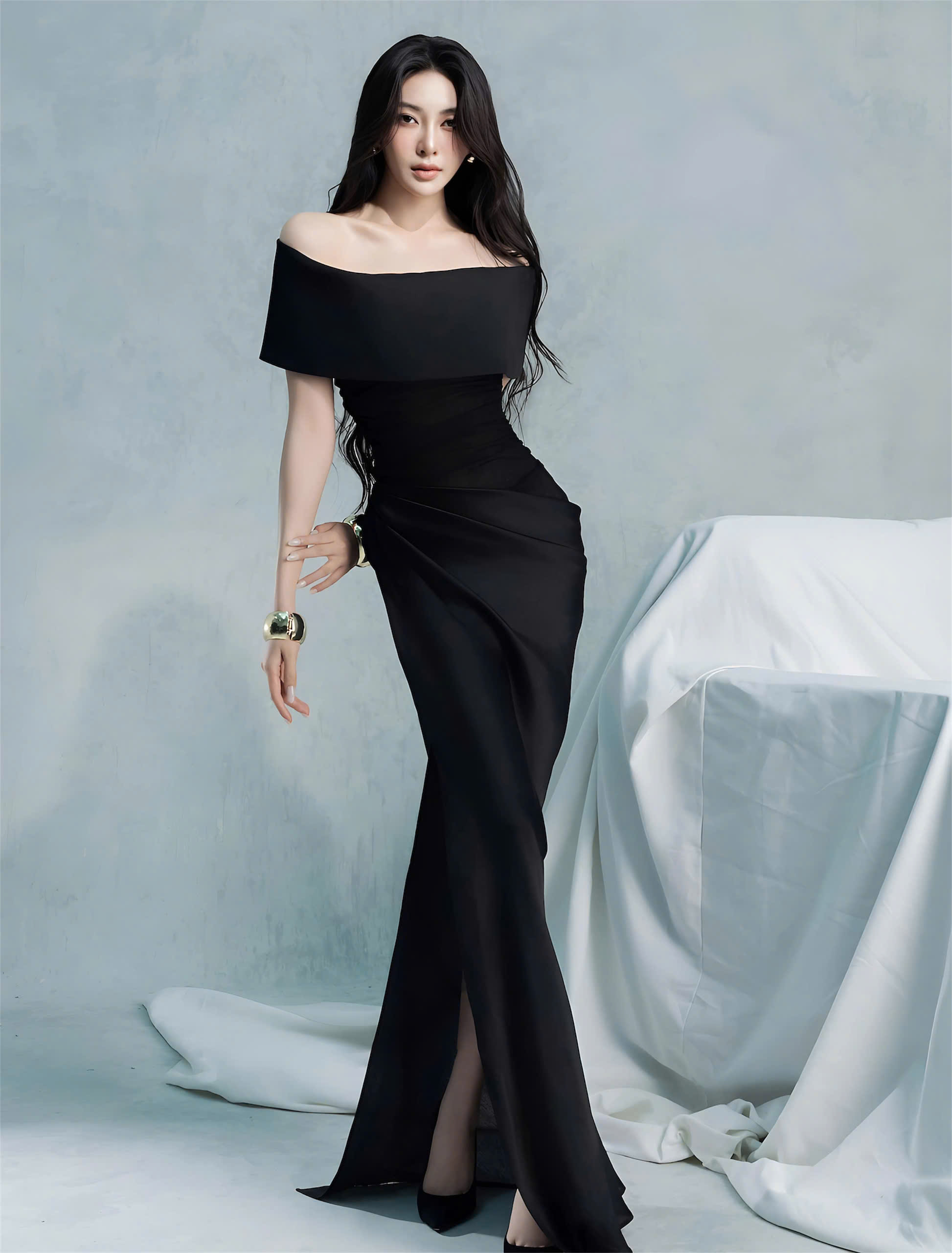 Đầm dự tiệc dáng dài vai ngang xếp ly eo sang trọng Alvin Store 2956