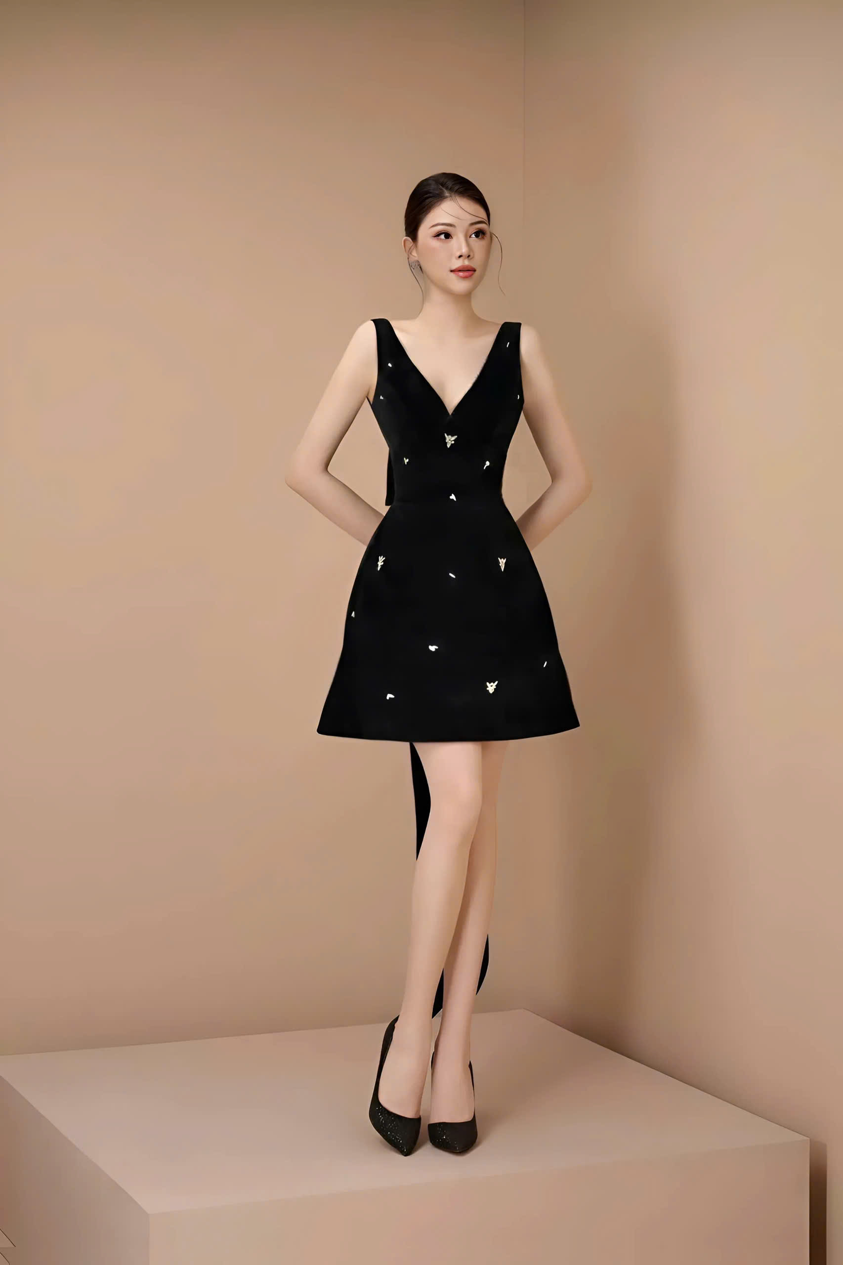 Đầm dự tiệc dáng xoè ngắn cổ V hở lưng phối nơ đính đá sang trọng (NƠ RỜI) Alvin Store 2962