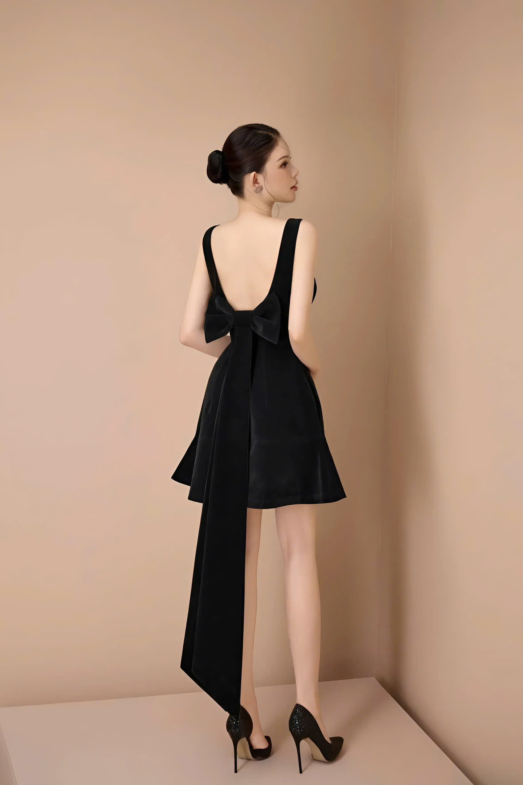 Đầm dự tiệc dáng xoè ngắn cổ V hở lưng phối nơ đính đá sang trọng (NƠ RỜI) Alvin Store 2962