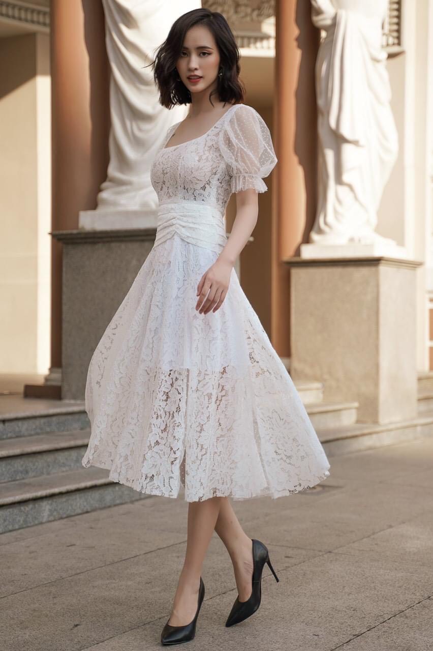 Đầm ren xoè kiểu cổ vuông tay phồng phối lưới (Trắng)