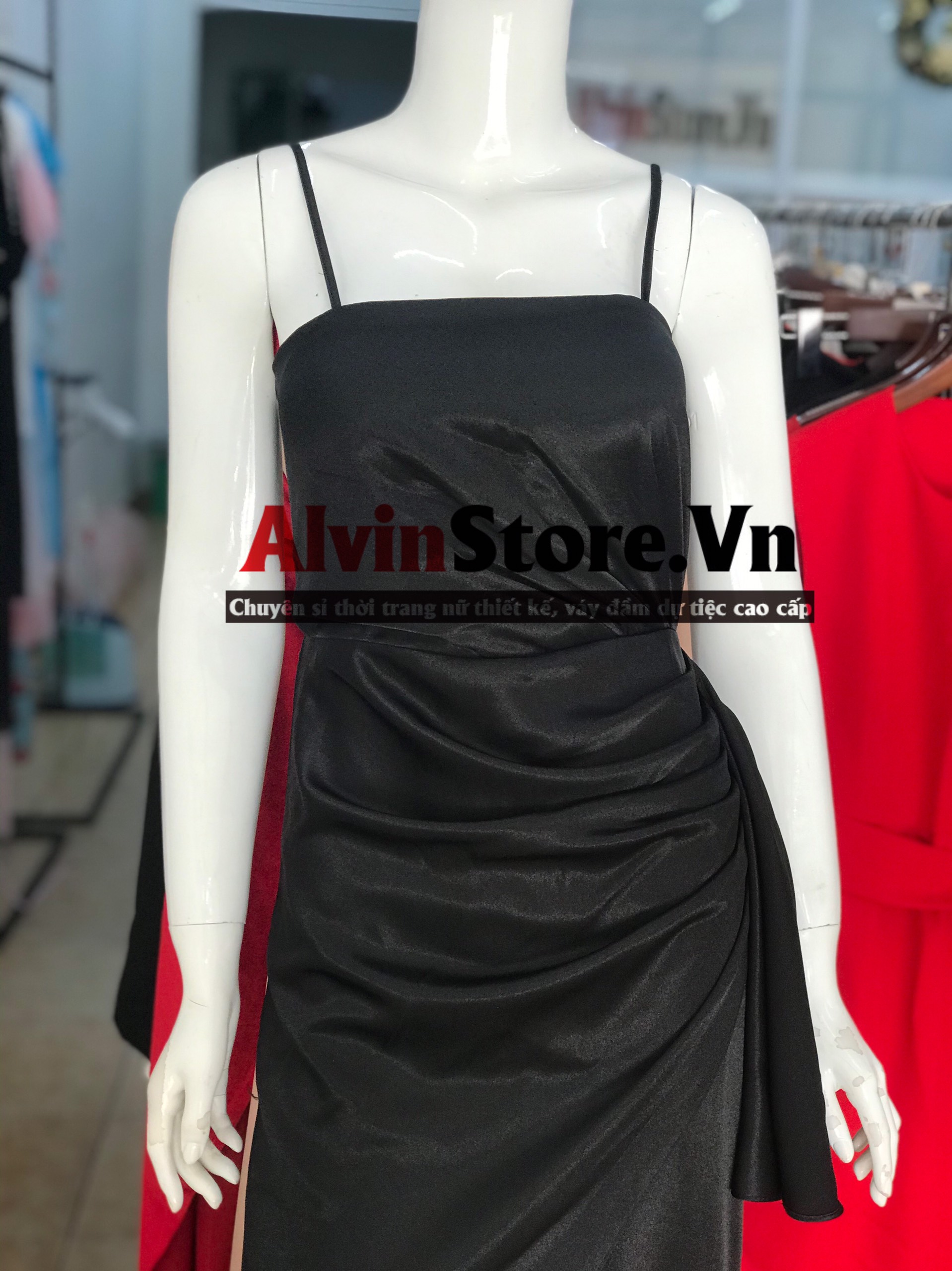 Đầm dạ hội kiểu 2 dây cúp ngực xẻ tà nơ eo sang trọng (Đen)