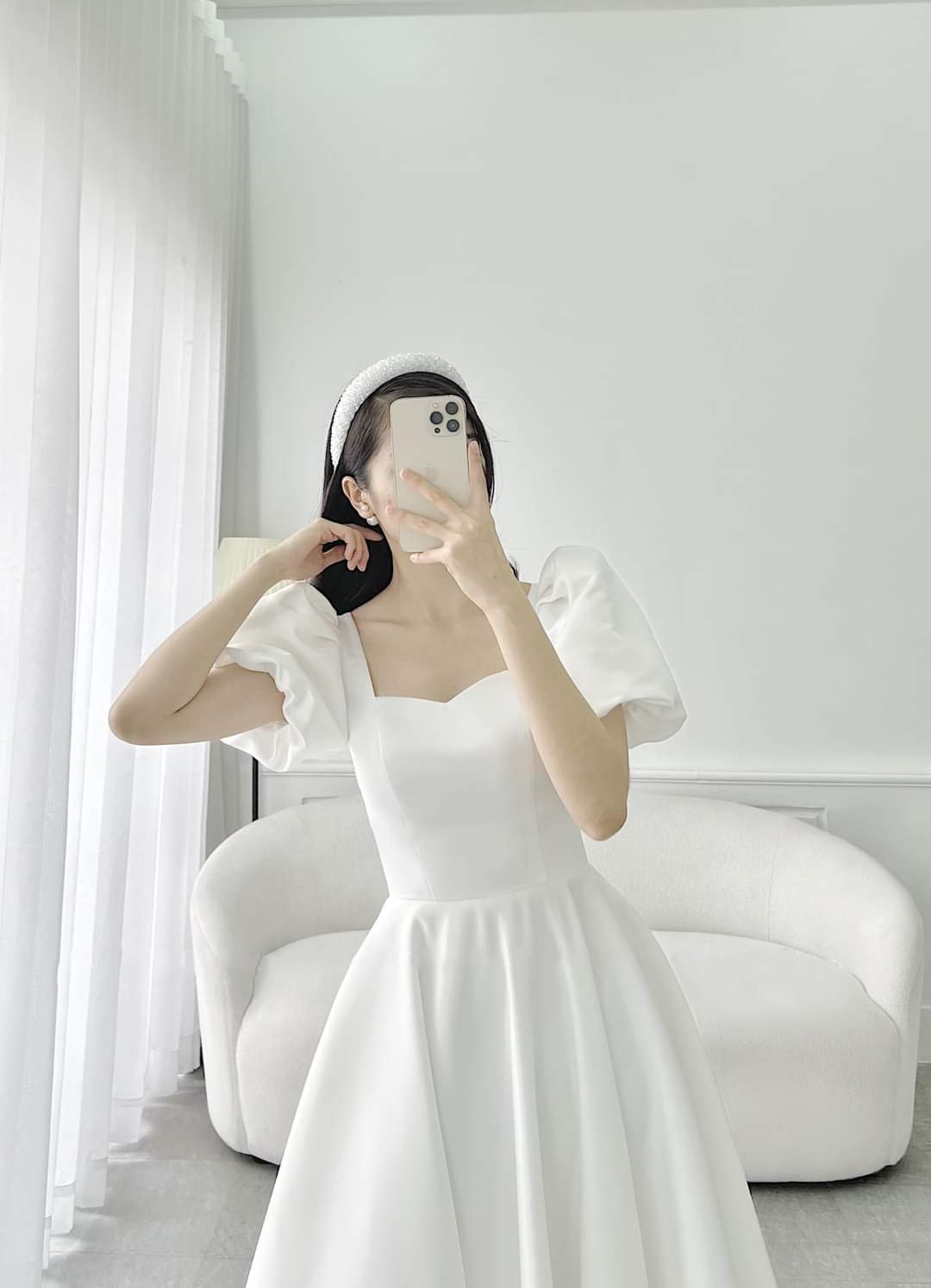Đầm xòe dáng dài cúp ngực tay phồng