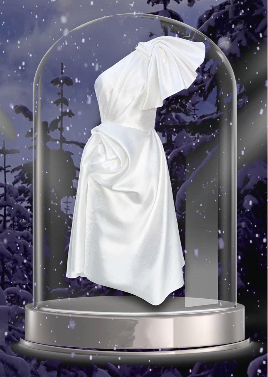 Đầm xòe dáng dài lệch vai tay bèo xoắn eo