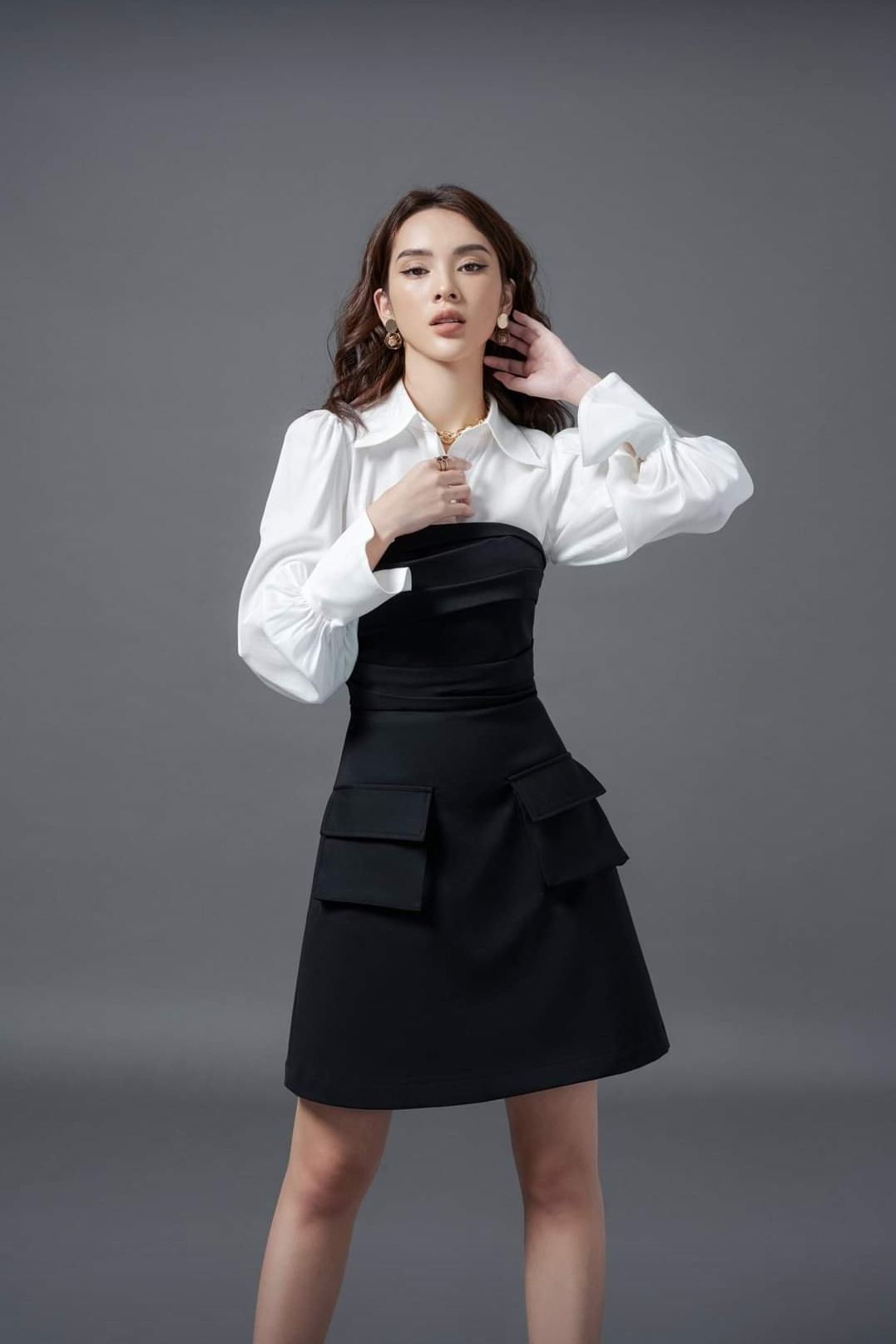 Sét váy rời áo cổ vest tay lỡ phối chân váy xòe xếp ly | Shopee Việt Nam