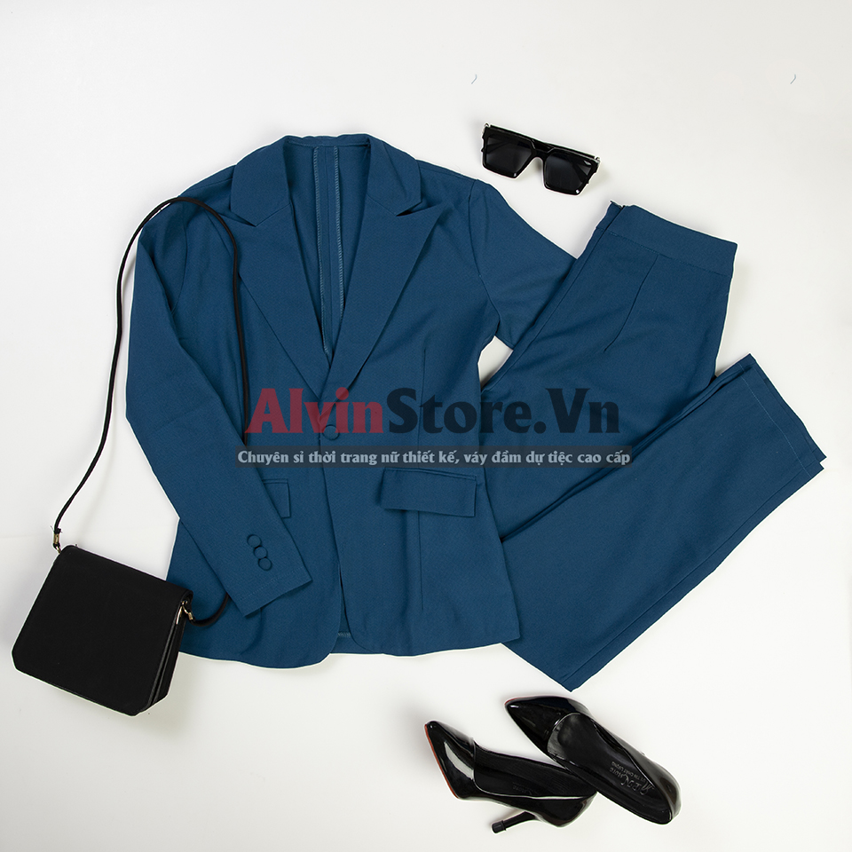 Áo quần kiểu áo vest tay dài quần tây (Xanh)