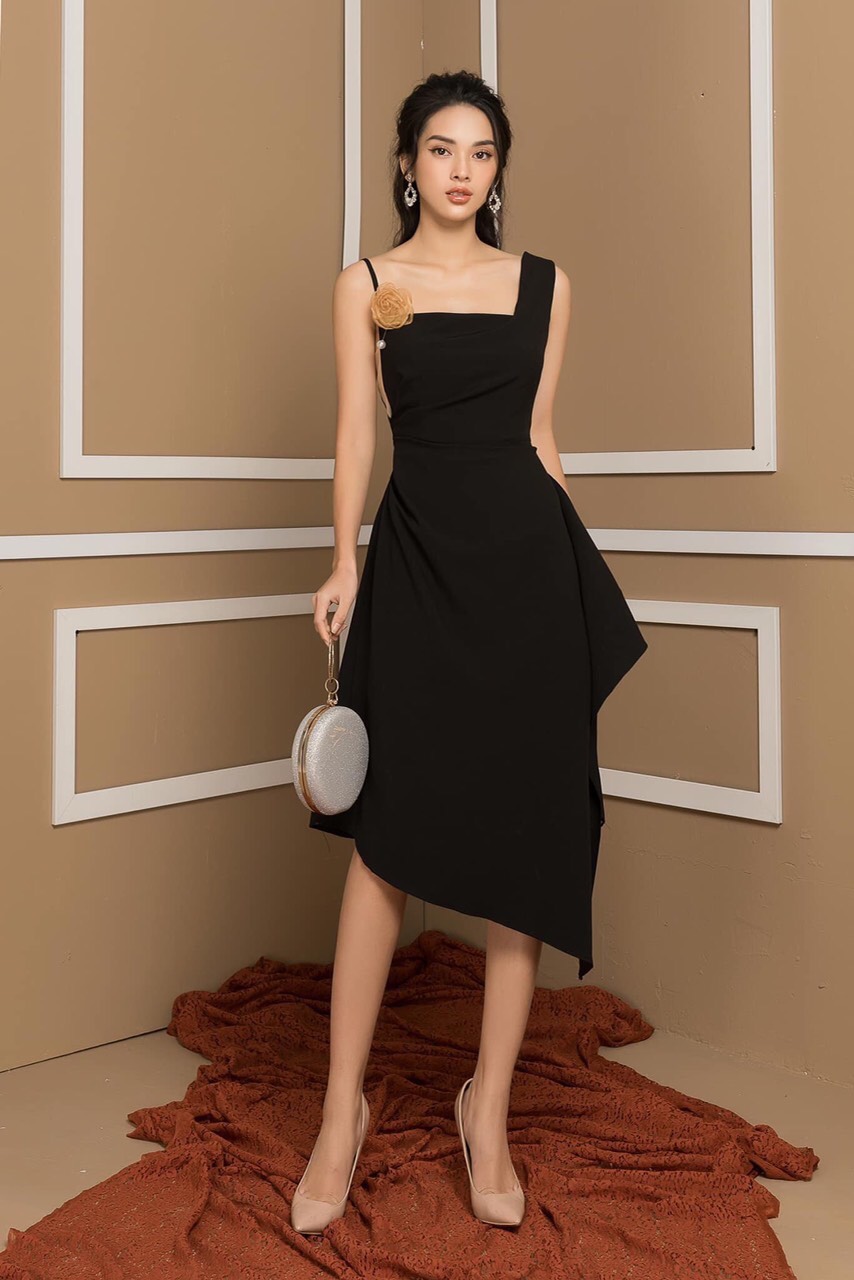 Đầm xòe kiểu 1 dây kèm hoa sang trọng (Nâu)