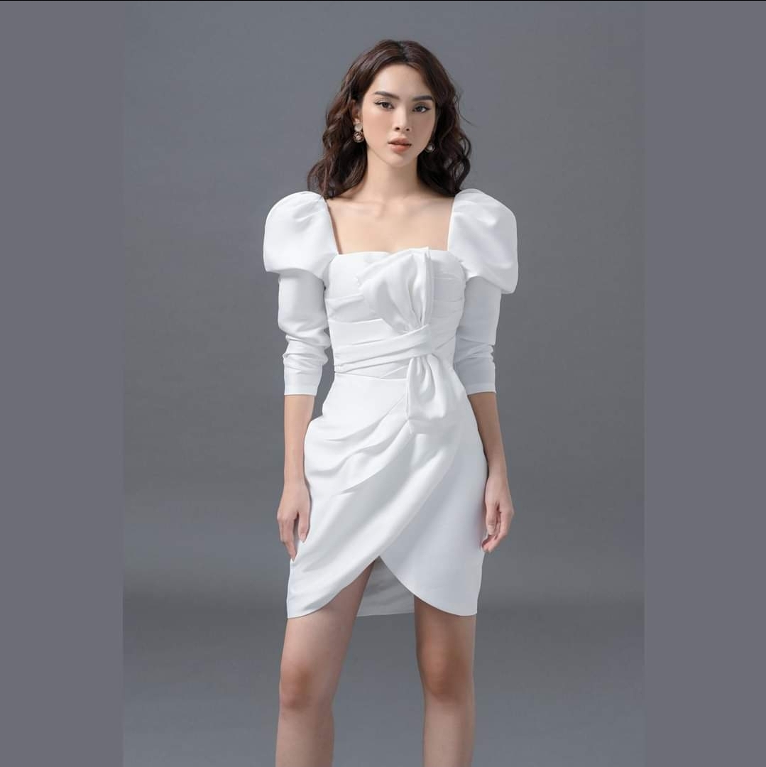 Đầm dáng ôm body tay phồng dài cúp ngực phối nơ đắp chéo tà (Vàng)