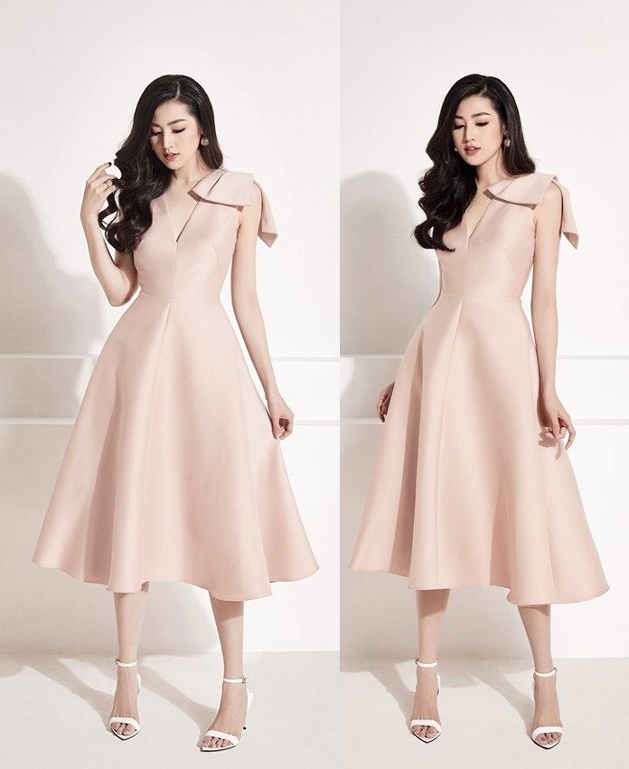 Đầm xòe dài kiểu cổ tim nơ vai (Trắng)