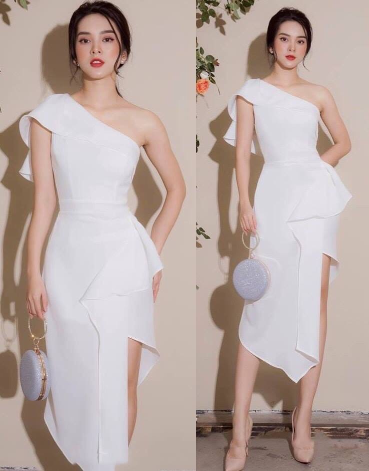 Đầm ôm body dài kiểu chéo vai xẻ tà (Trắng)