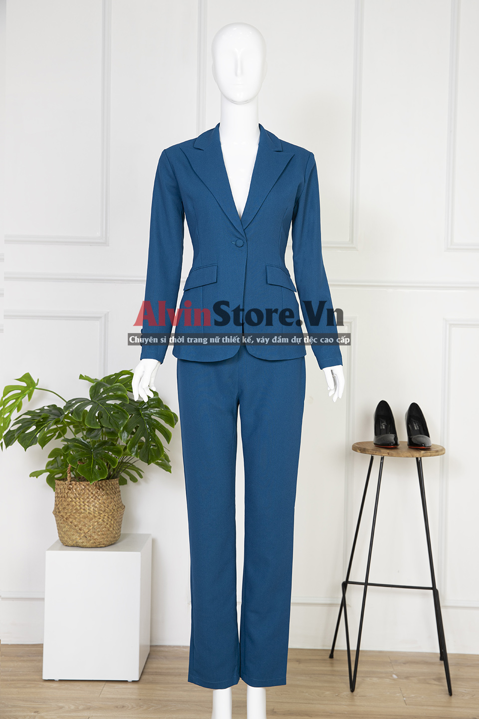 Áo quần kiểu áo vest tay dài quần tây (Xanh)