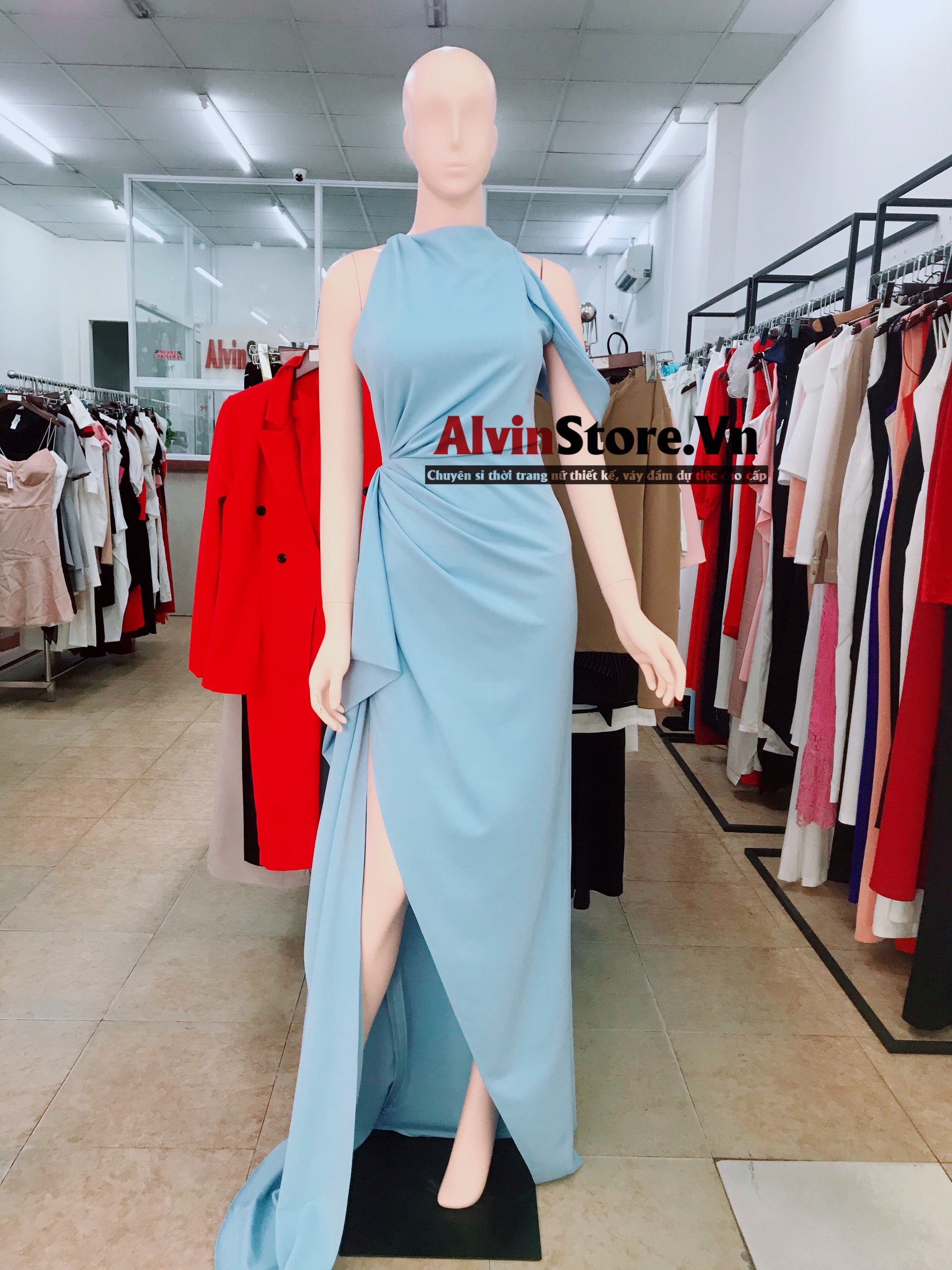 Đầm dạ hội lệch vai sát nách nhúng eo xẻ đùi (Xanh)
