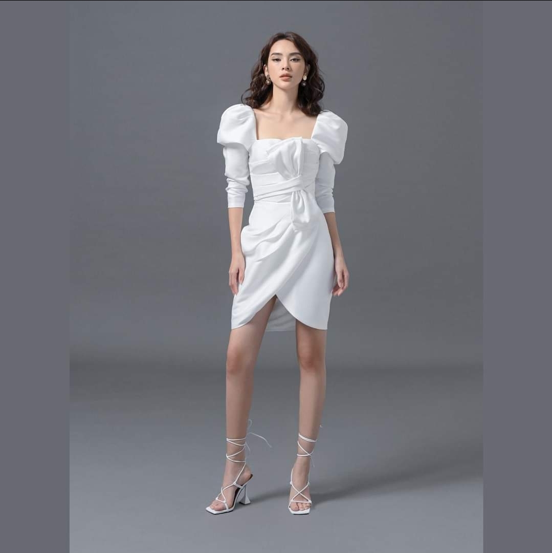 Đầm dáng ôm body tay phồng dài cúp ngực phối nơ đắp chéo tà (Vàng)