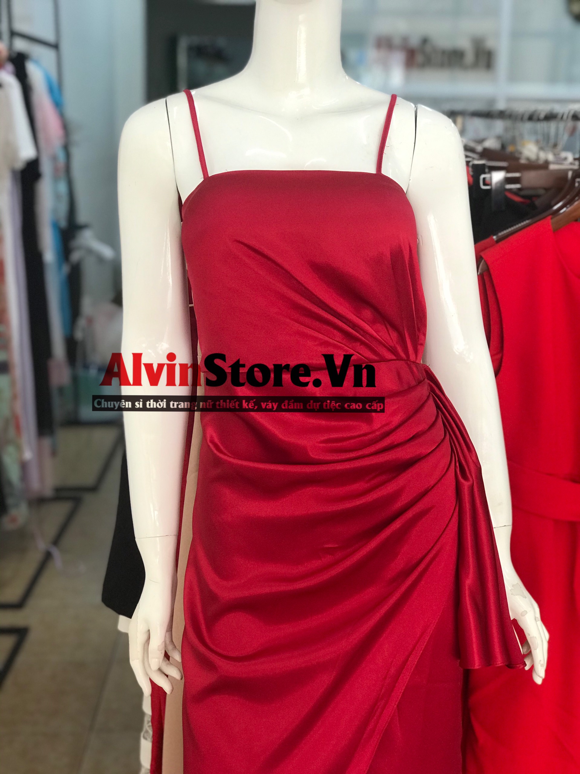 Đầm dạ hội kiểu 2 dây cúp ngực xẻ tà nơ eo sang trọng (Đen)