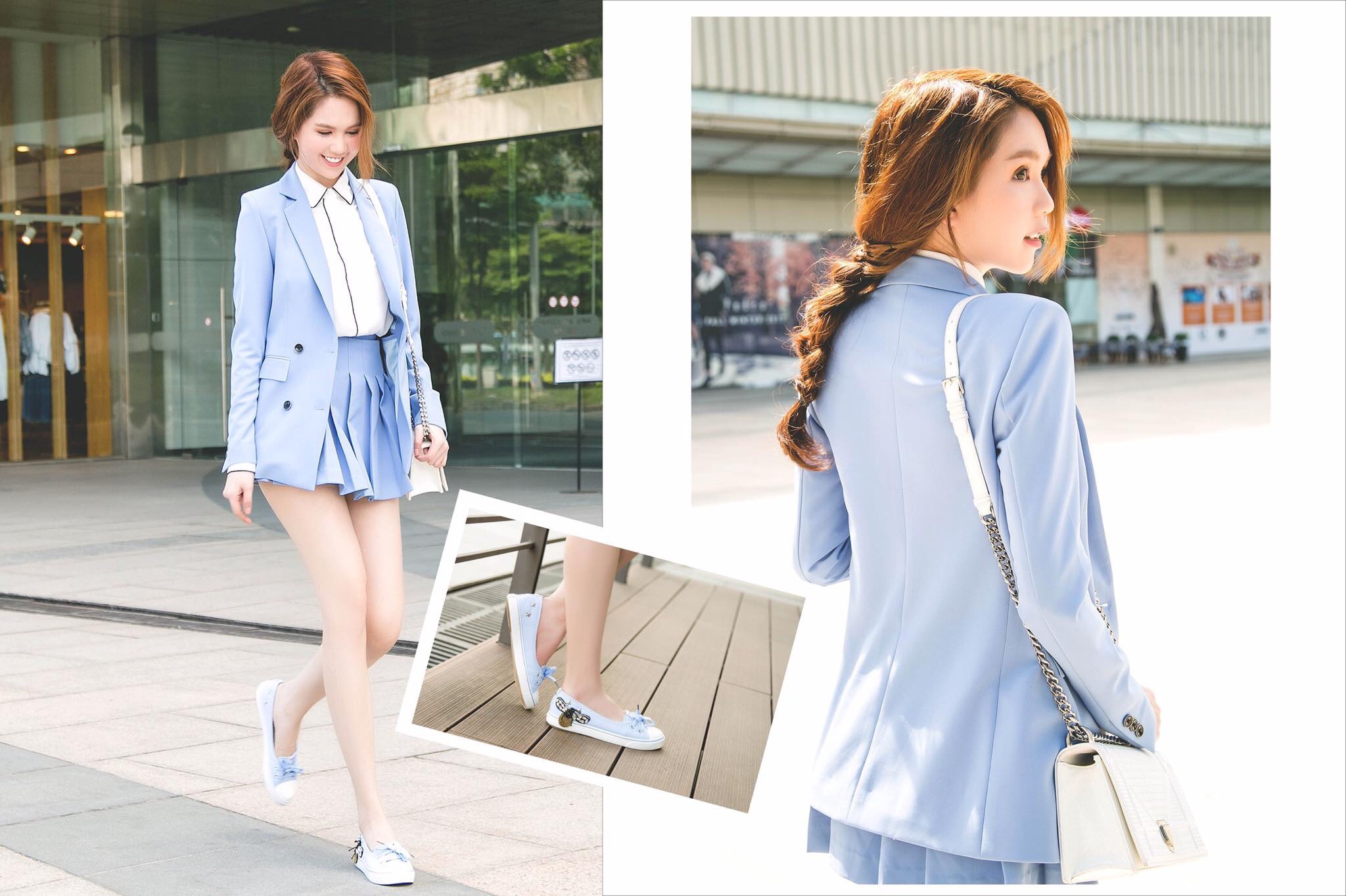 Set áo váy kiểu áo vest và chân váy xếp ly (có lót quần)