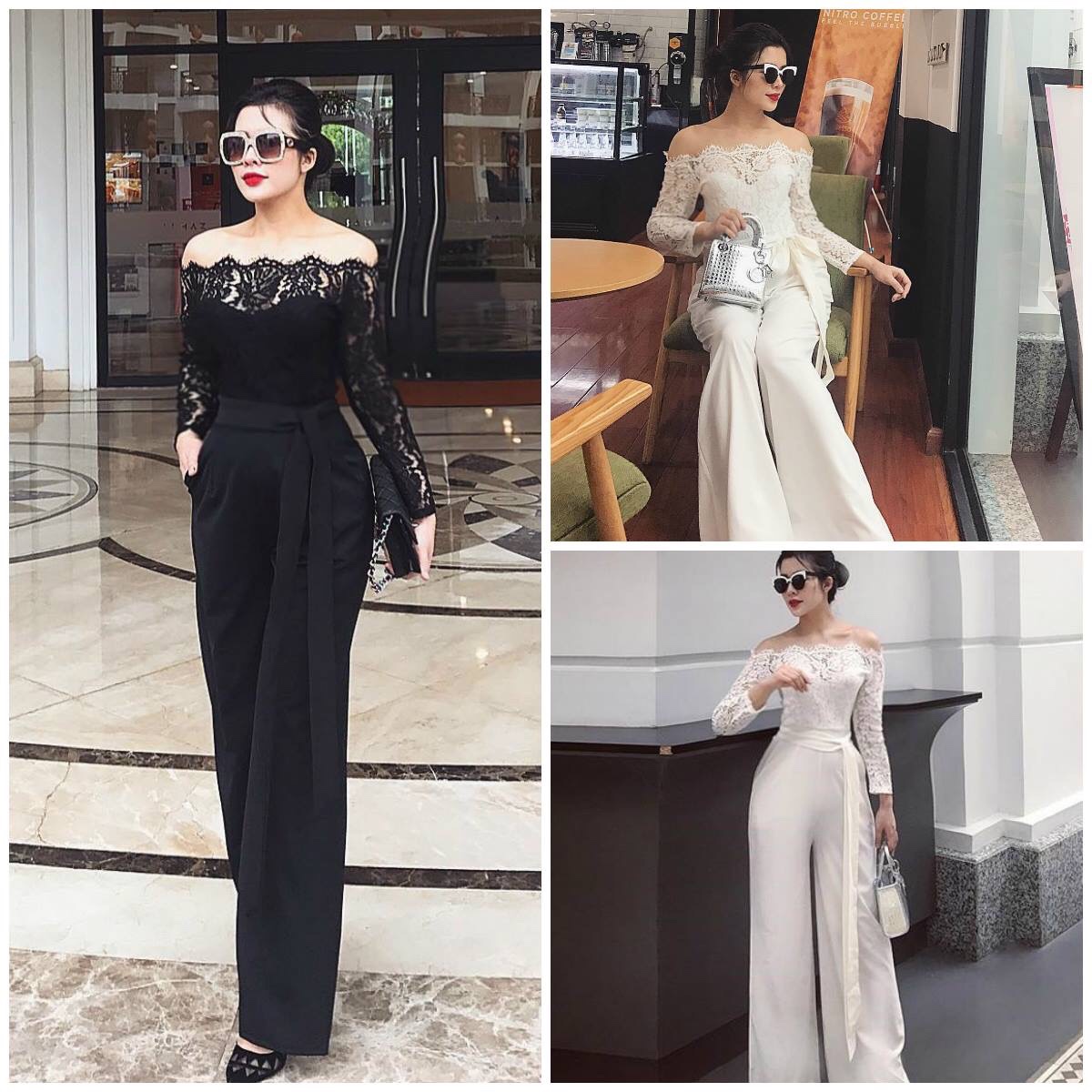 Jumsuit dài kiểu tay dài vai ngang pha ren cột dây eo (Trắng)