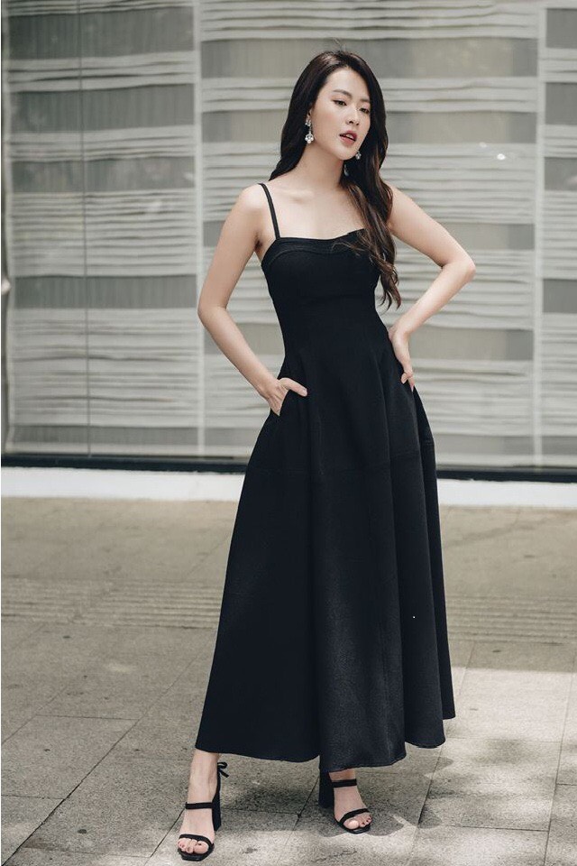 Đầm xòe thiết kế hai dây thắt đai dự tiệc màu đen | Đầm xòe đẹp