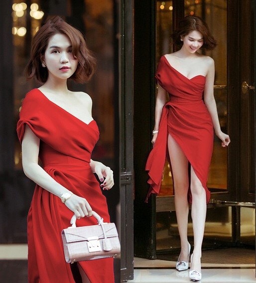 Đầm ôm body kiểu lệch vai xéo tà sang trọng (Hồng)