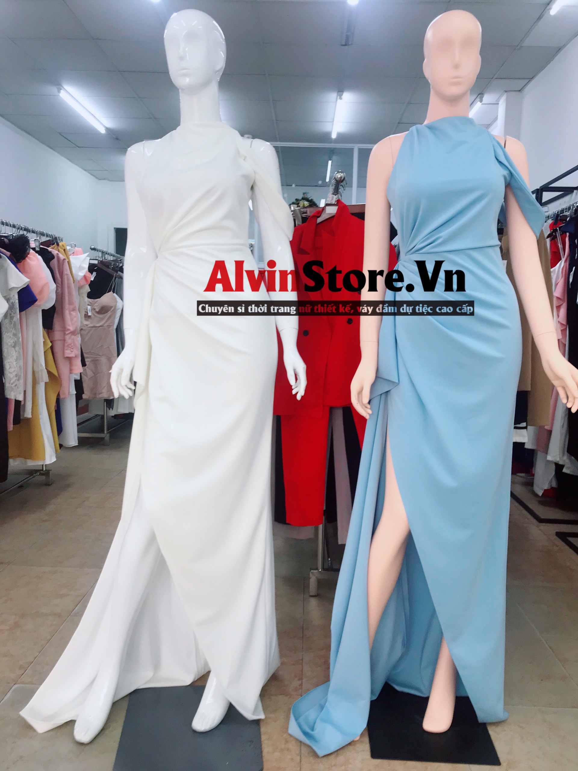 Đầm dạ hội lệch vai sát nách nhúng eo xẻ đùi (Xanh)