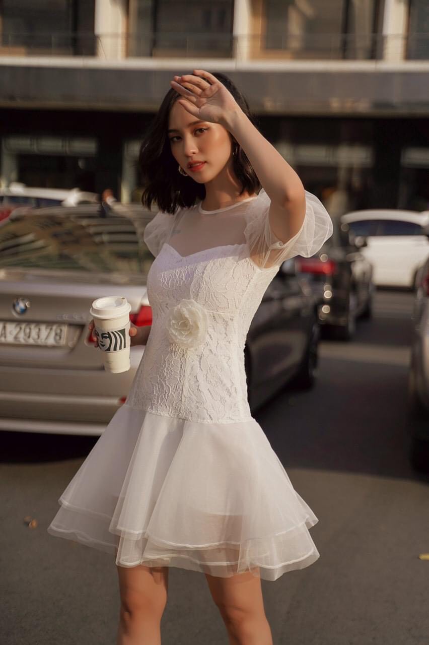 Đầm ren xoè kiểu tay con phối lưới đính hoa eo