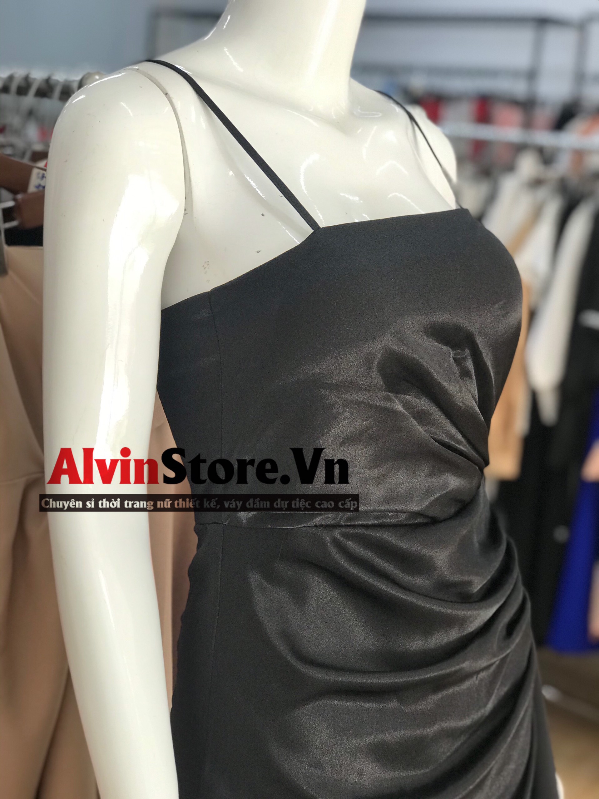 Đầm dạ hội kiểu 2 dây cúp ngực xẻ tà nơ eo sang trọng (Trắng)