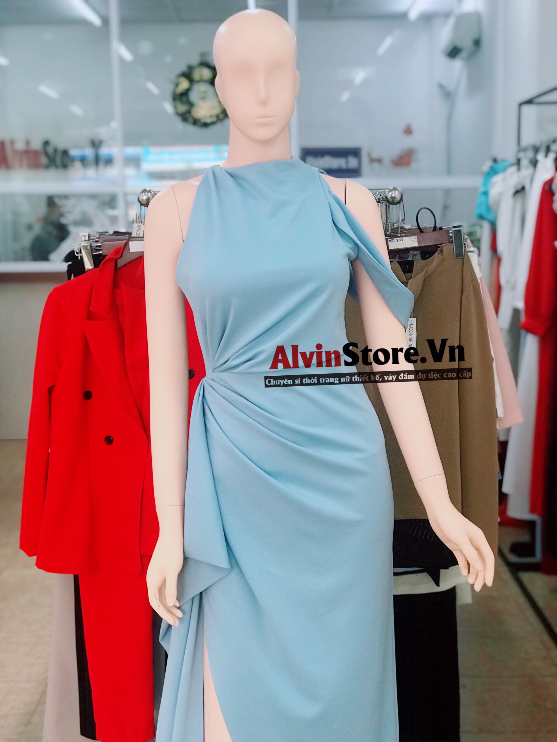 Đầm dạ hội lệch vai sát nách nhúng eo xẻ đùi (Xanh)