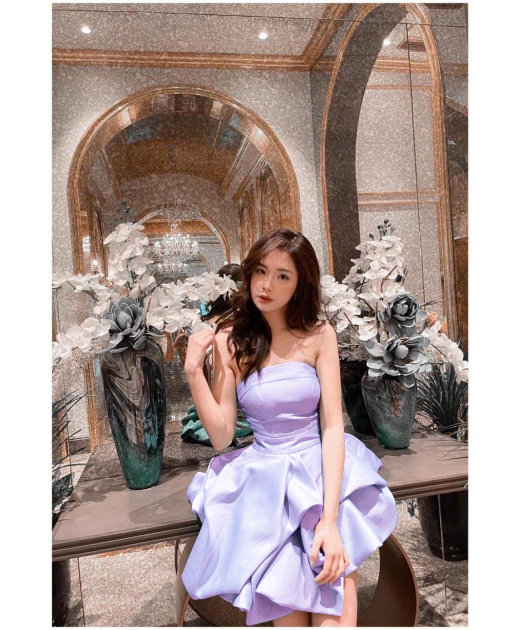 Đầm xòe ngắn cúp ngực tùng xếp phồng (Tím)