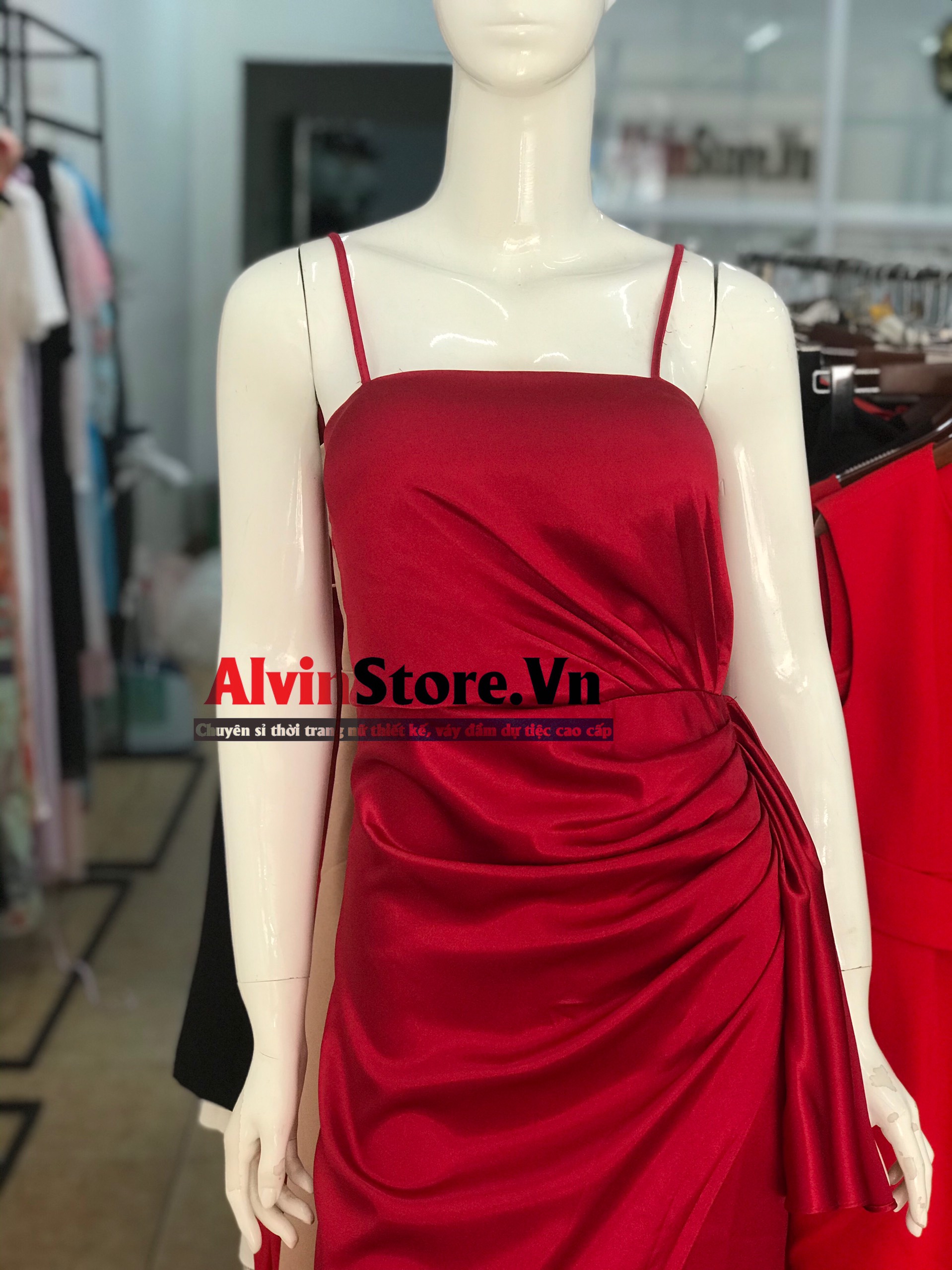 Đầm dạ hội kiểu 2 dây cúp ngực xẻ tà nơ eo sang trọng (Đỏ)