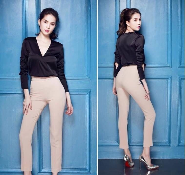 Áo quần kiểu áo tay dài cổ tim quần dài ôm (Áo đen quần nude)