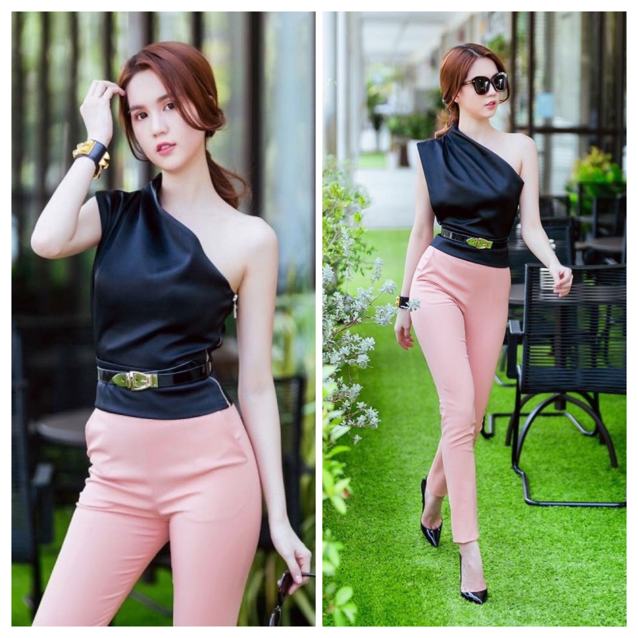 Áo quần Ngọc Trinh kiểu áo lệch vai và quần ống ôm (Trắng hồng)