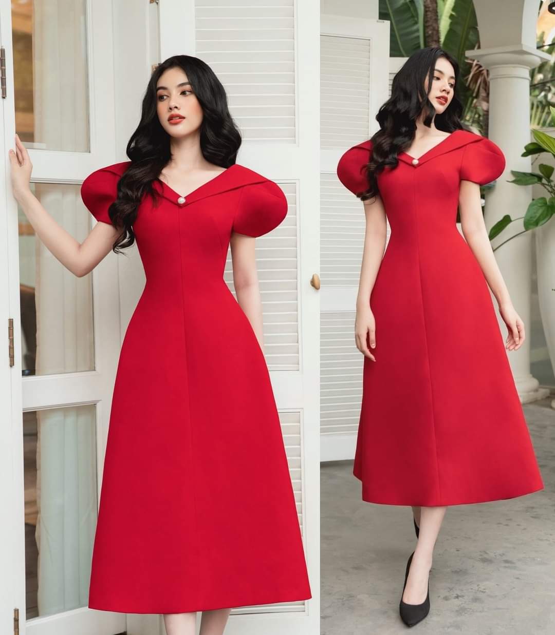 Đầm dáng xòe cổ V tay phồng đính ngọc