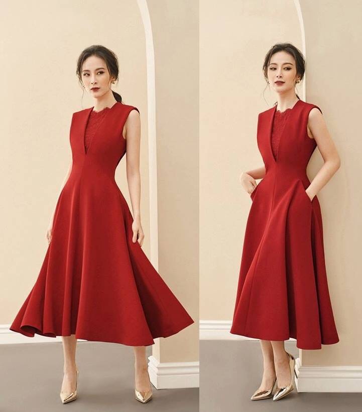 Đầm xòe kiểu sát nách phối ren 2 túi (Trắng)