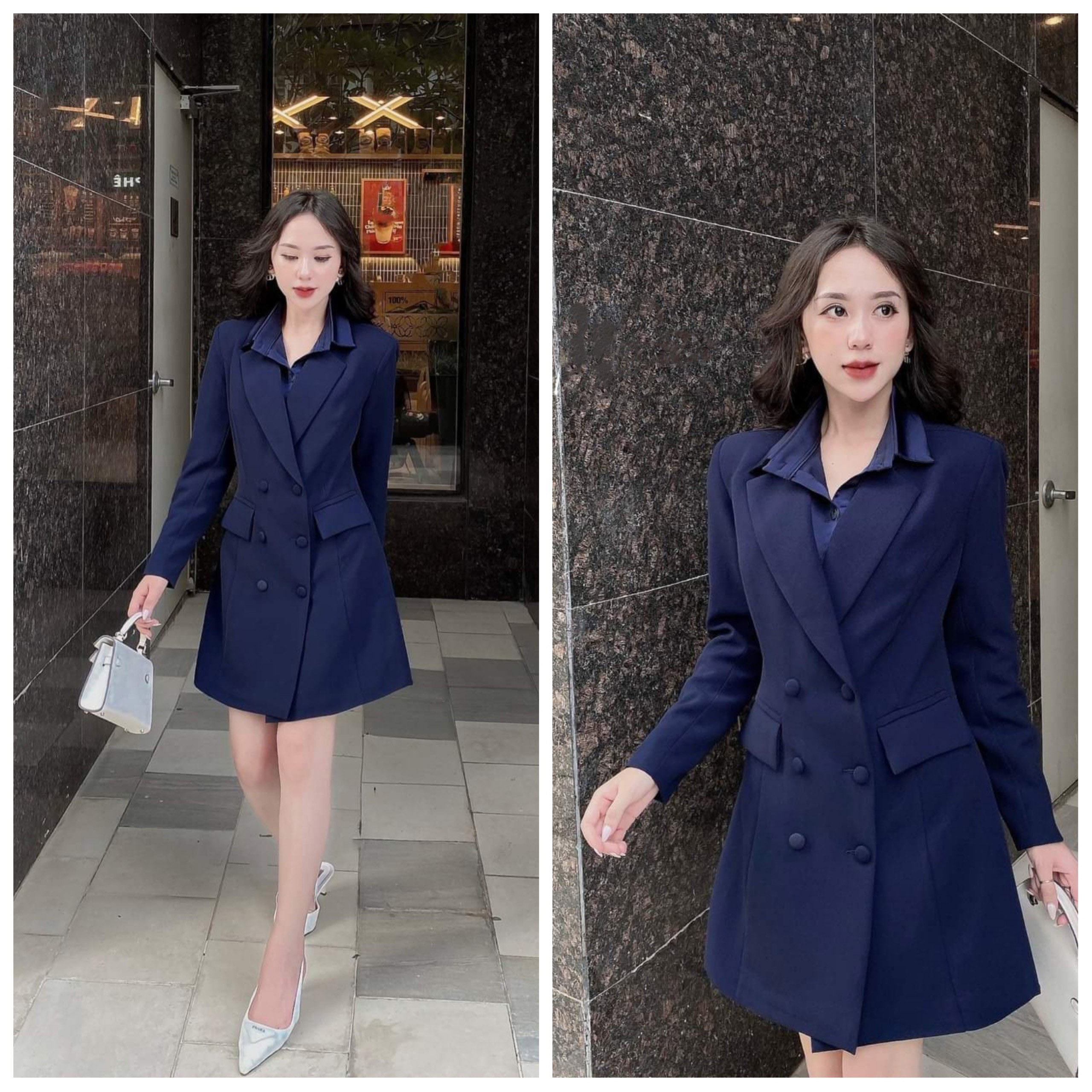 Đầm vest công sở tay dài phối túi