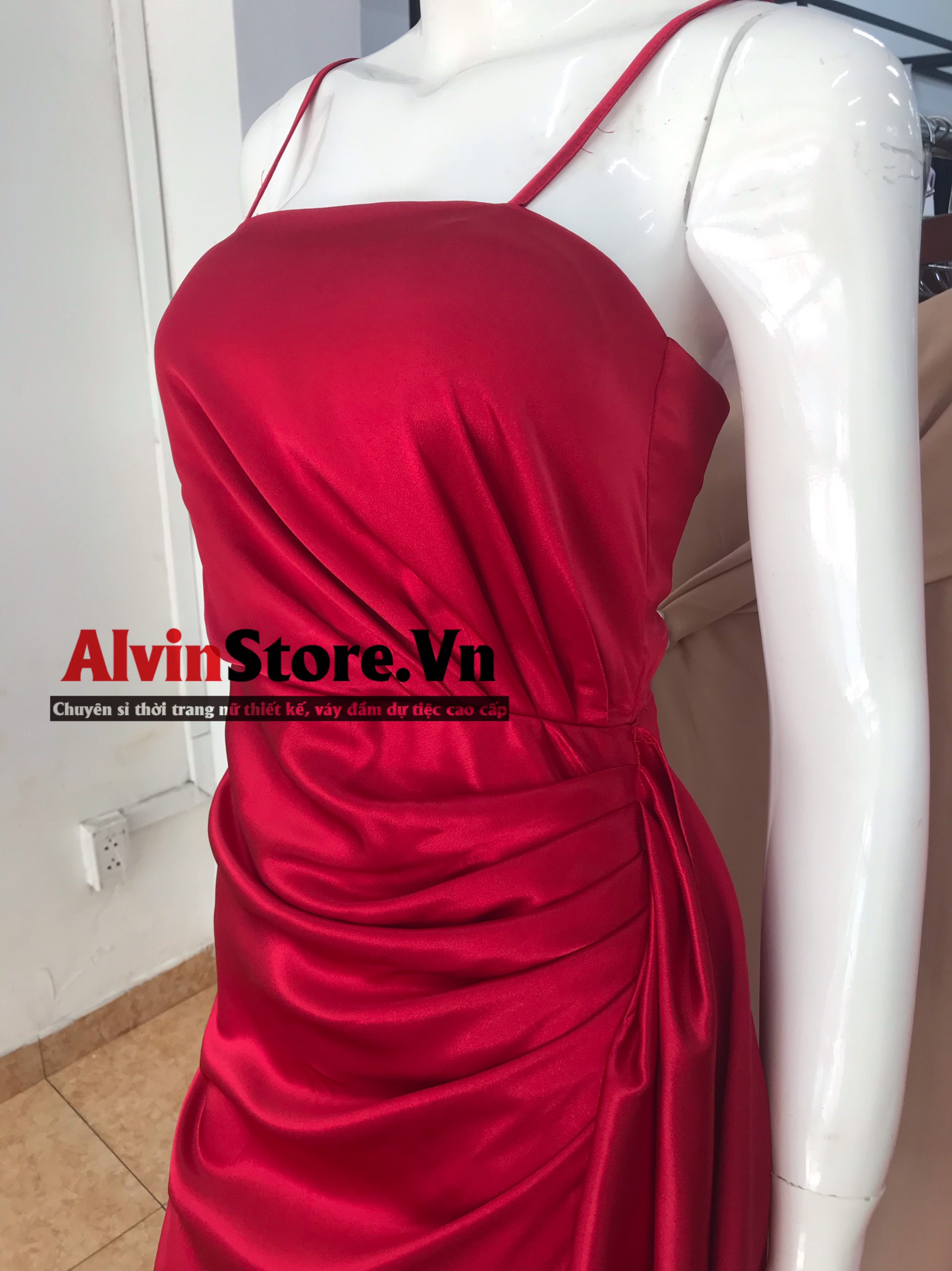 Đầm dạ hội kiểu 2 dây cúp ngực xẻ tà nơ eo sang trọng (Trắng)