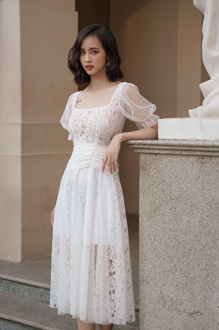 Đầm ren xoè kiểu cổ vuông tay phồng phối lưới (KHÔNG KÈM HOA) (Đen)