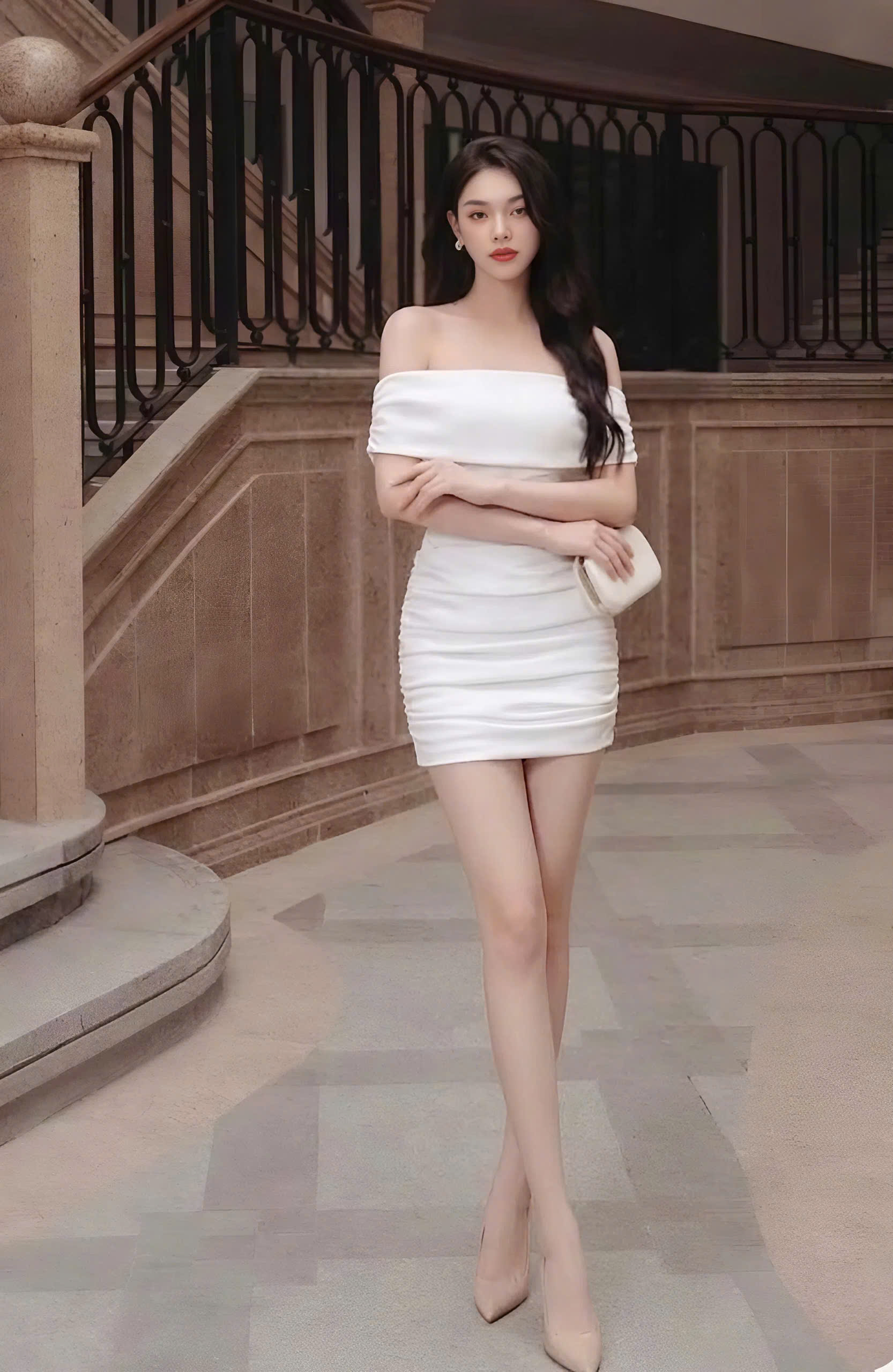 Đầm dự tiệc dáng ngắn ôm body hở vai ngang sang trọng (Trắng)